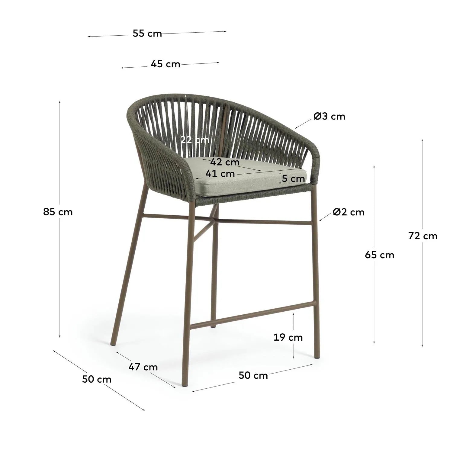 Yanet Hocker: Grünes Seil & Stahl, 58 cm, stilvoll von Kave Home.