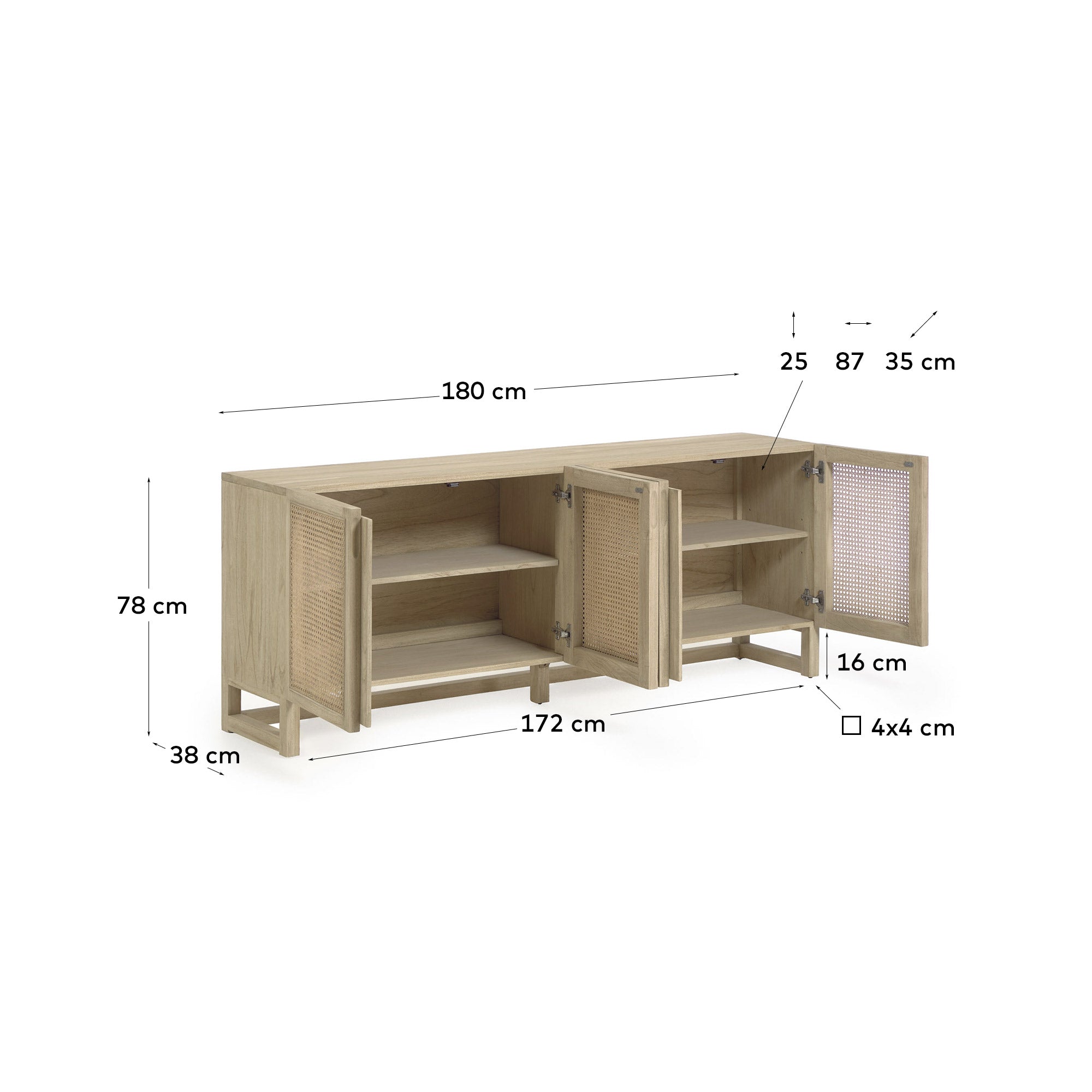 Rexit Sideboard 4 Türen aus Mindimassivholz und -furnier mit Rattan 180 x 78 cm in Braun präsentiert im Onlineshop von KAQTU Design AG. Sideboard ist von Kave Home