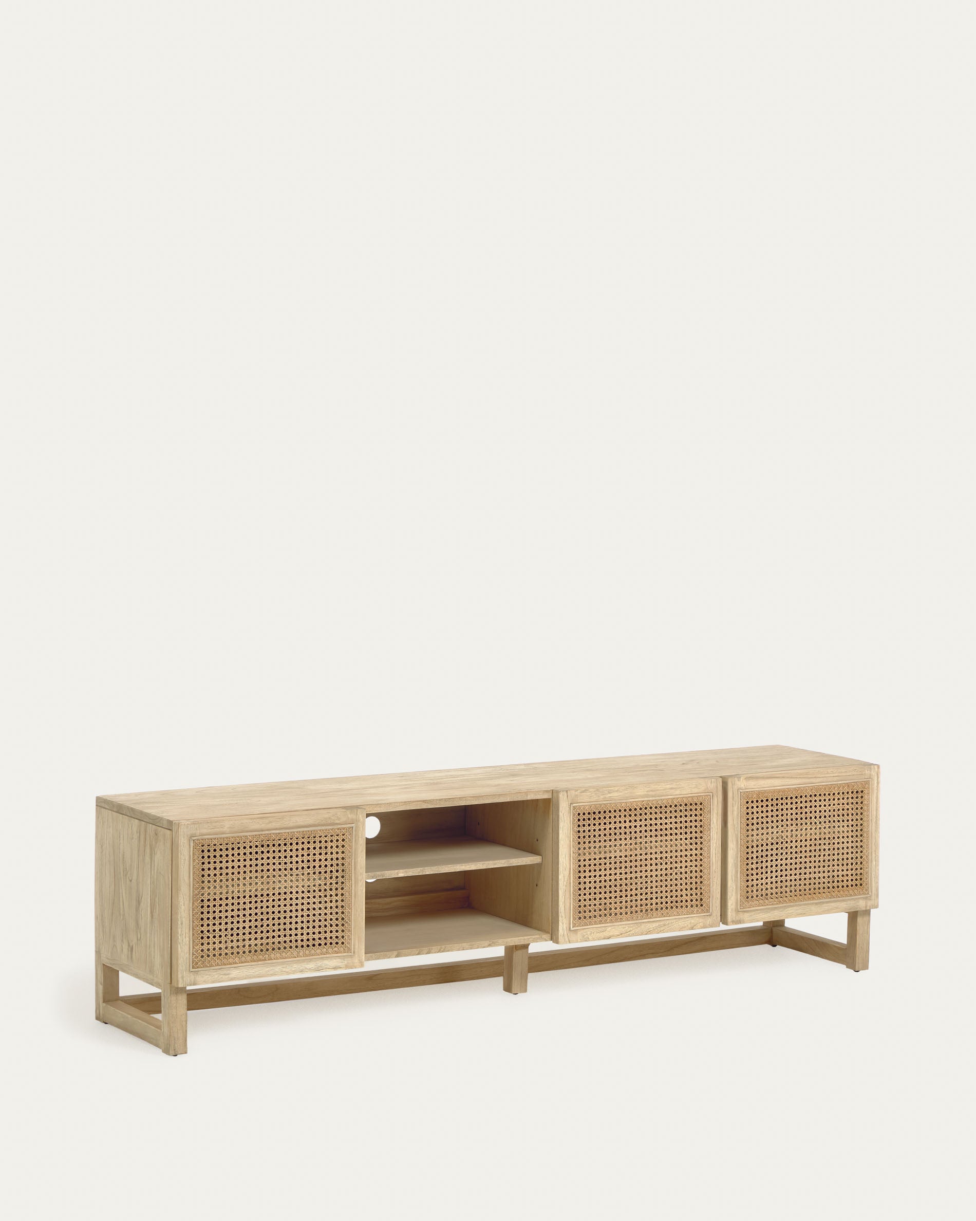 Eleganter Rexit TV-Schrank aus Mindiholz mit Rattanfront, 3 Türen, 180x50 cm. Perfekt für modernen Wohnstil.