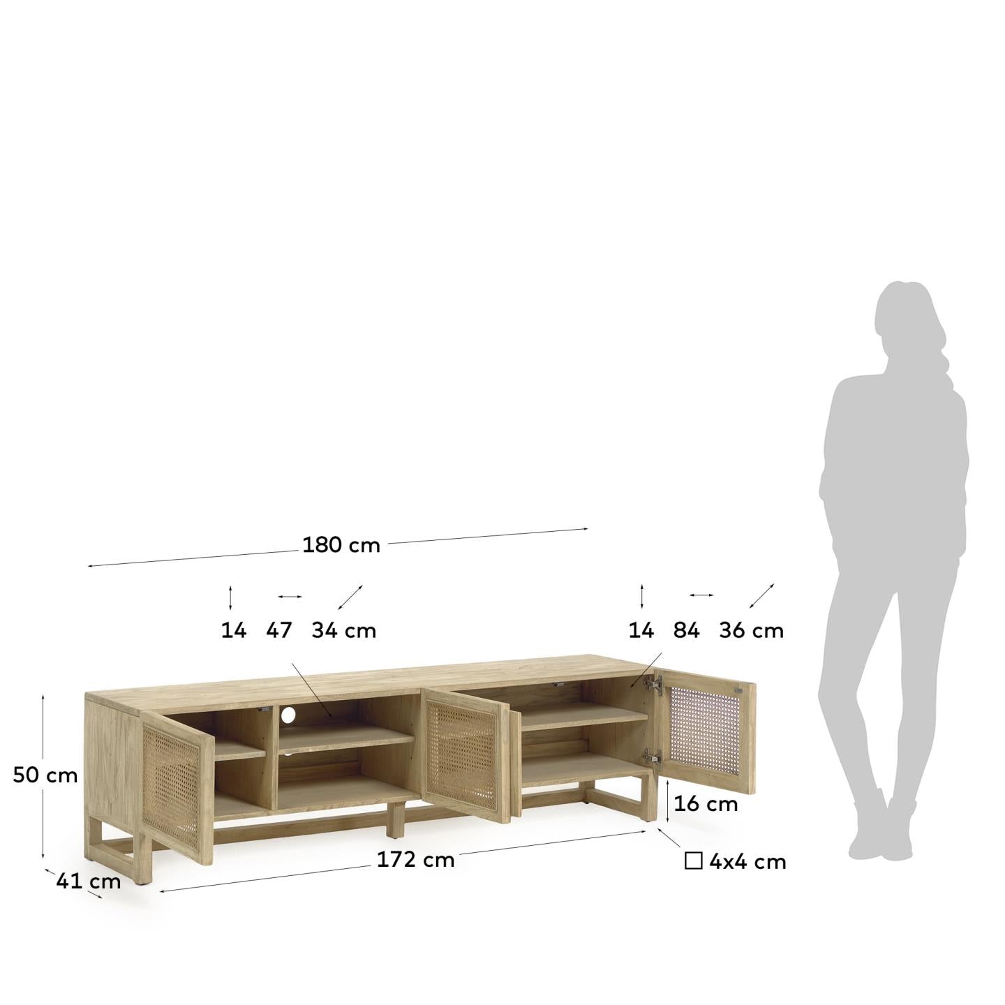 Rexit TV-Schrank 3 Türen aus massivem Mindiholz und Furnier mit Rattan 180 x 50 cm in Braun präsentiert im Onlineshop von KAQTU Design AG. Sideboard ist von Kave Home