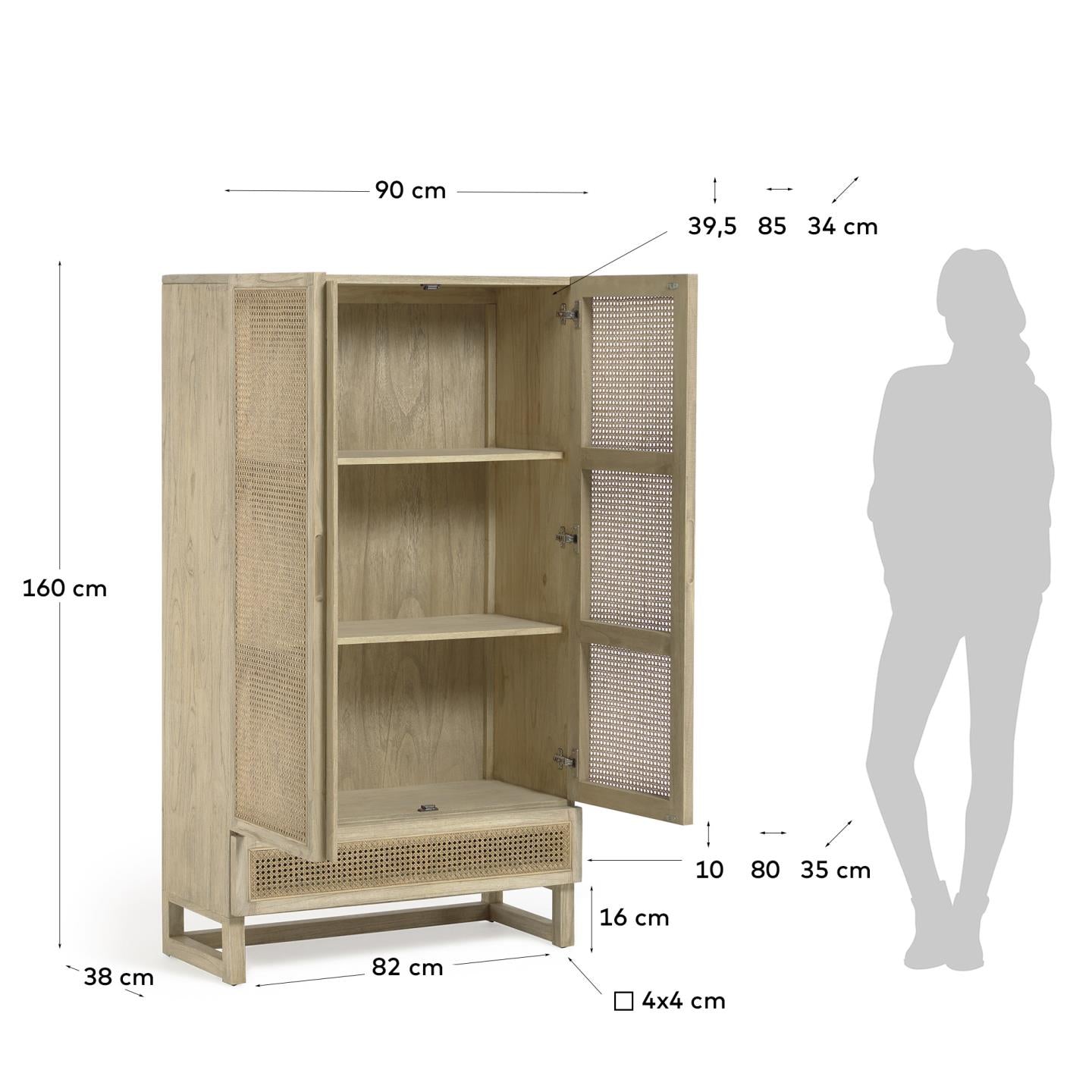 Rexit Schrank aus massivem Holz und Mindi Furnier mit Rattan 90 x 160 cm in Braun präsentiert im Onlineshop von KAQTU Design AG. Cabinet ist von Kave Home