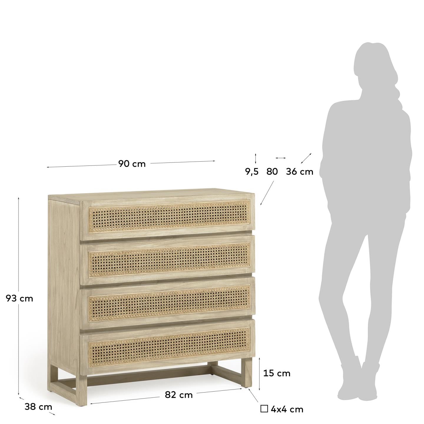 Rexit Kommode mit 4 Schubladen aus massivem Holz und Mindi Furnier mit Rattan 90 x 93 cm in Braun präsentiert im Onlineshop von KAQTU Design AG. High-Sideboard ist von Kave Home