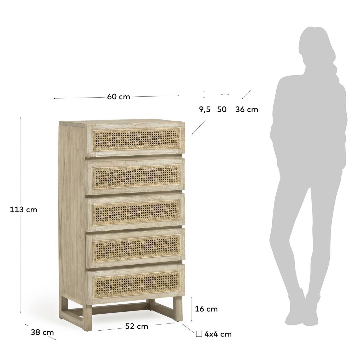 Rexit Kommode mit 5 Schubladen aus massivem Holz und Mindi Furnier mit Rattan 60 x 113 cm in Braun präsentiert im Onlineshop von KAQTU Design AG. High-Sideboard ist von Kave Home