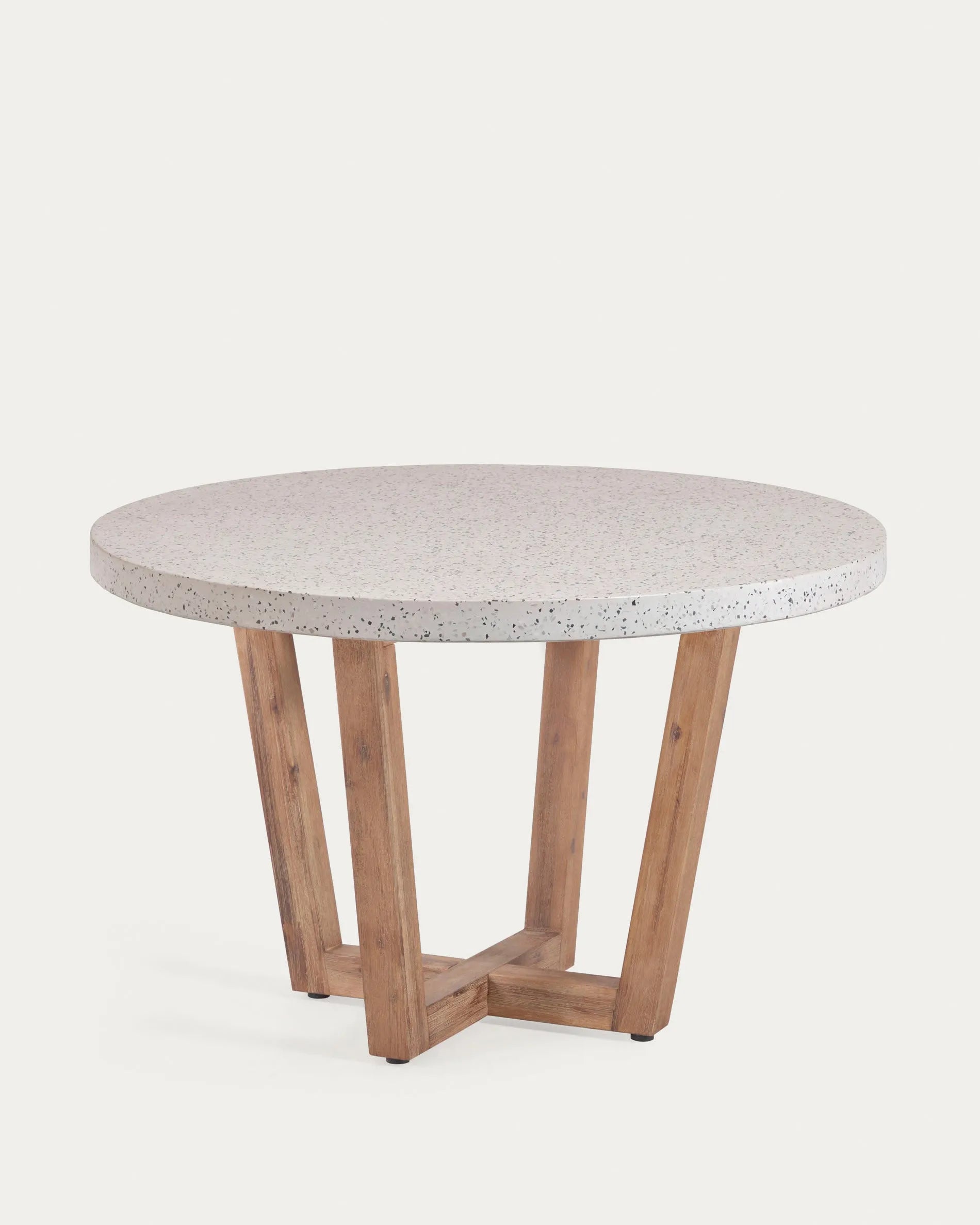 3D-Modell: Runder Tisch aus weißem Terrazzo & Akazienholz, Ø 120 cm, elegant & robust für stilvolle Outdoor-Momente.