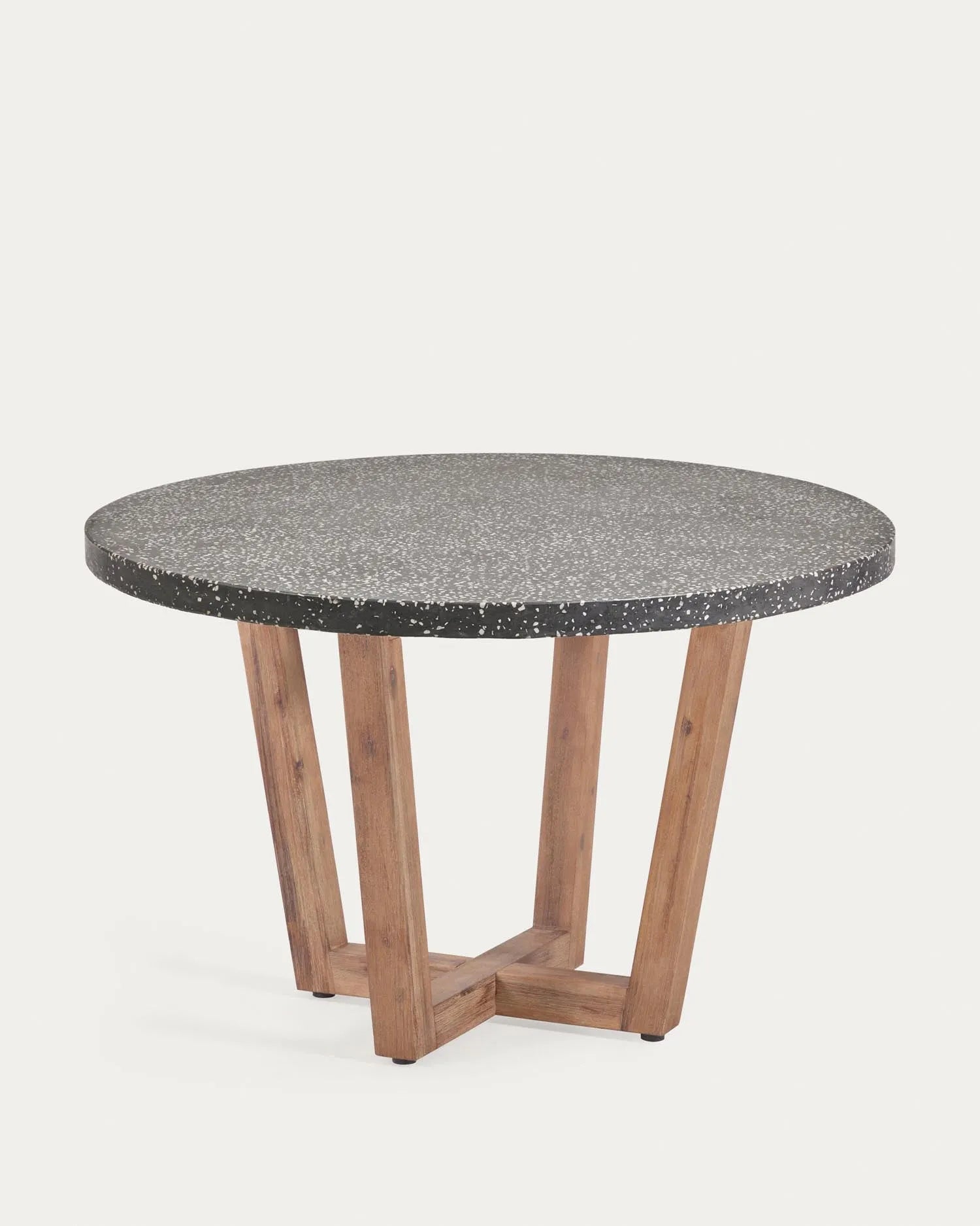 Eleganter Shanelle Tisch: Schwarzes Terrazzo & Akazienholz, Ø 120 cm, ideal für stilvolle Outdoor-Geselligkeit.