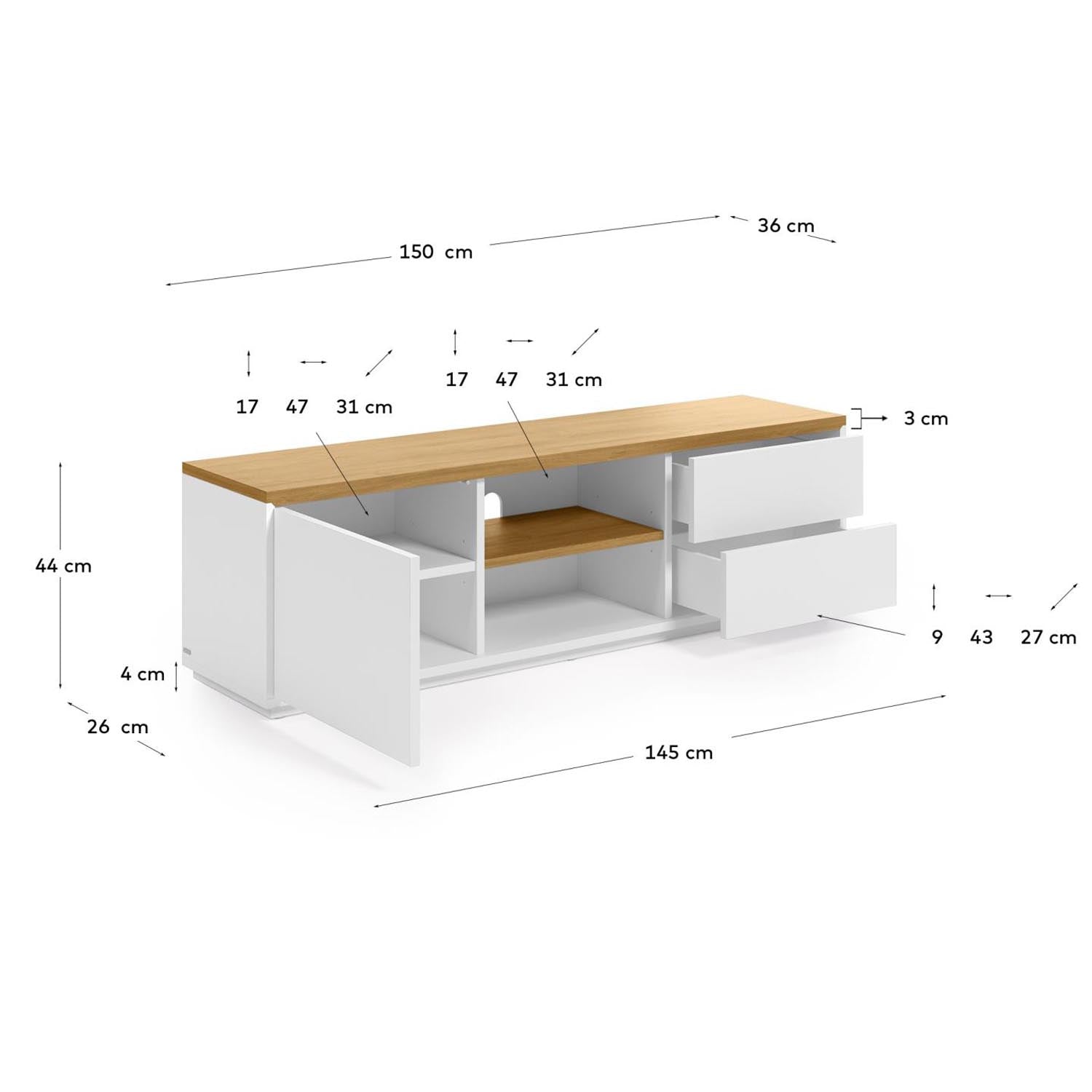 Abilen TV-Schrank 1 Türe 2 Schubladen Eichenfurnier weiße Lackierung 150 x 44 cm FSC 100% in Weiß, Natur präsentiert im Onlineshop von KAQTU Design AG. Sideboard ist von Kave Home