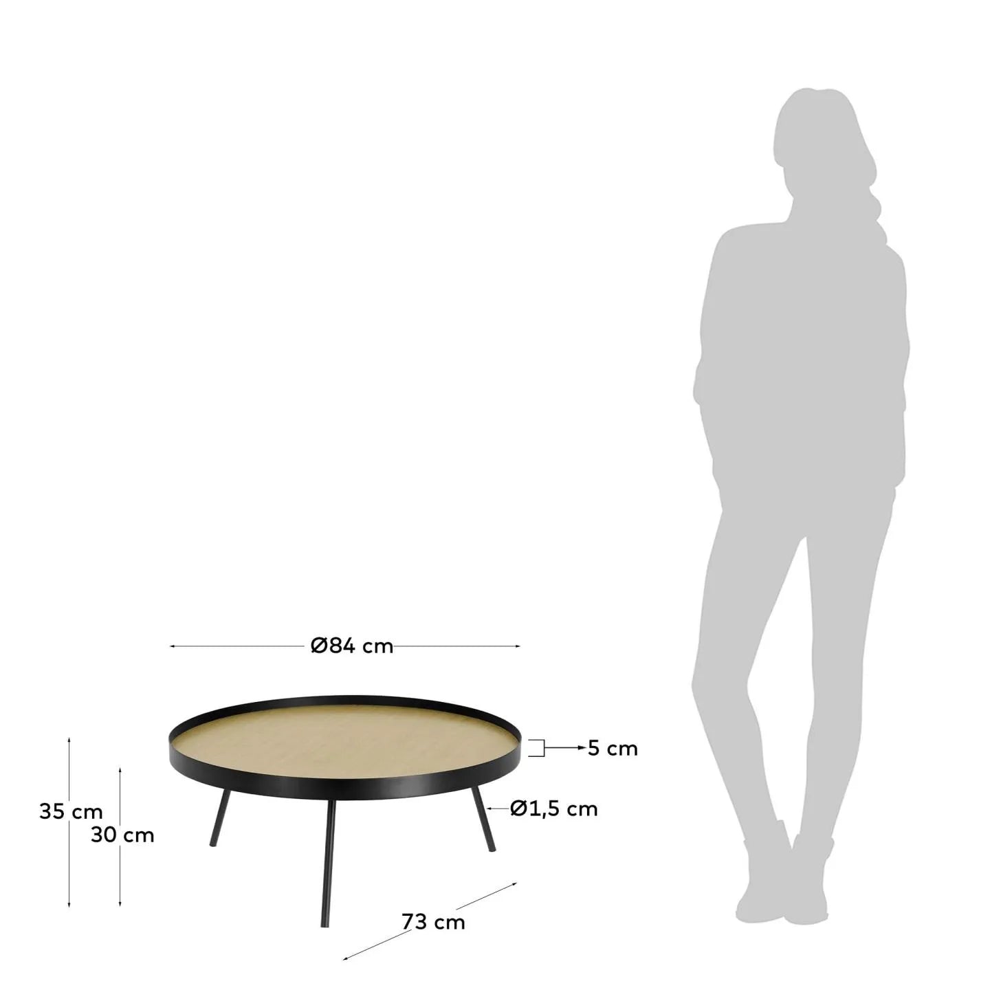 Eleganter Couchtisch mit MDF-Oberfläche in Eicheneffekt und schwarzem Stahlgestell, Ø 84 cm, ideal für modernes Wohnen.