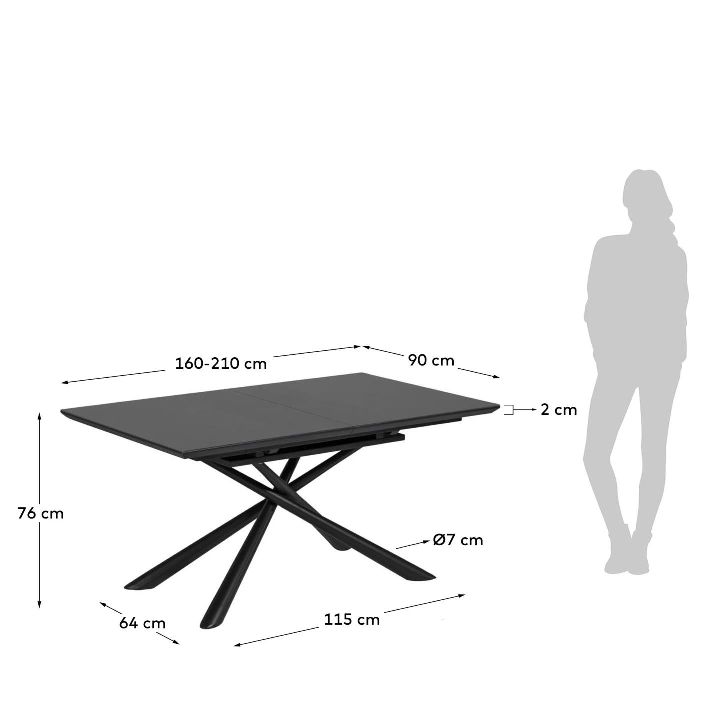 Theone Ausziehtisch aus Glas und Stahlbeine mit schwarzem Finish 160 (210) x 90 cm in Schwarz präsentiert im Onlineshop von KAQTU Design AG. Esstisch ist von Kave Home