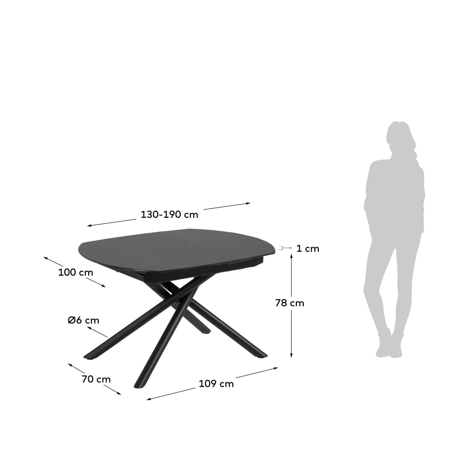 Eleganter Ausziehtisch aus Glas mit schwarzen Stahlbeinen, erweiterbar von 130 auf 190 cm, ideal für moderne Esszimmer.