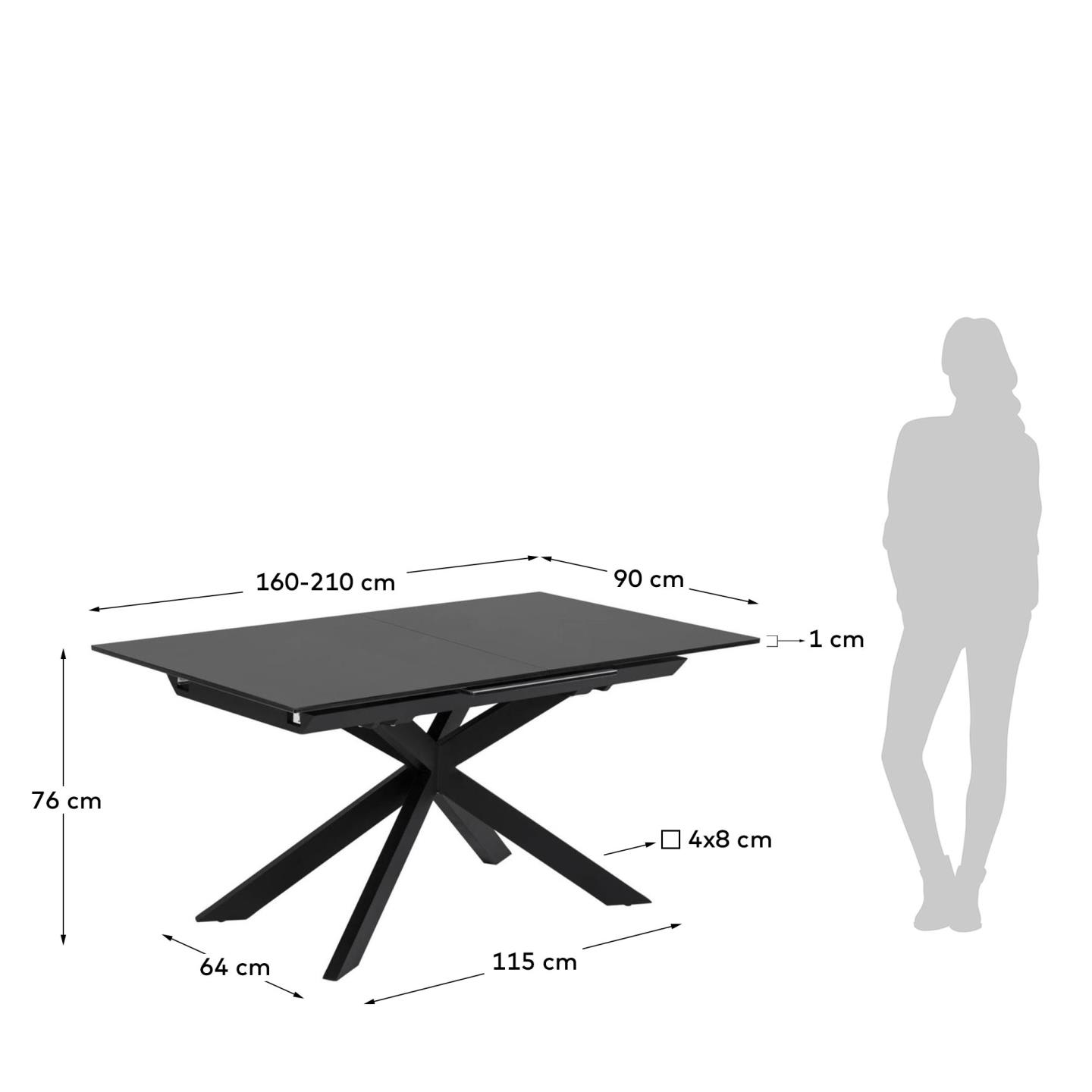 Atminda Ausziehtisch aus Glas und Stahlbeine in Schwarz 160 (210) x 90 cm in Schwarz präsentiert im Onlineshop von KAQTU Design AG. Esstisch ist von Kave Home