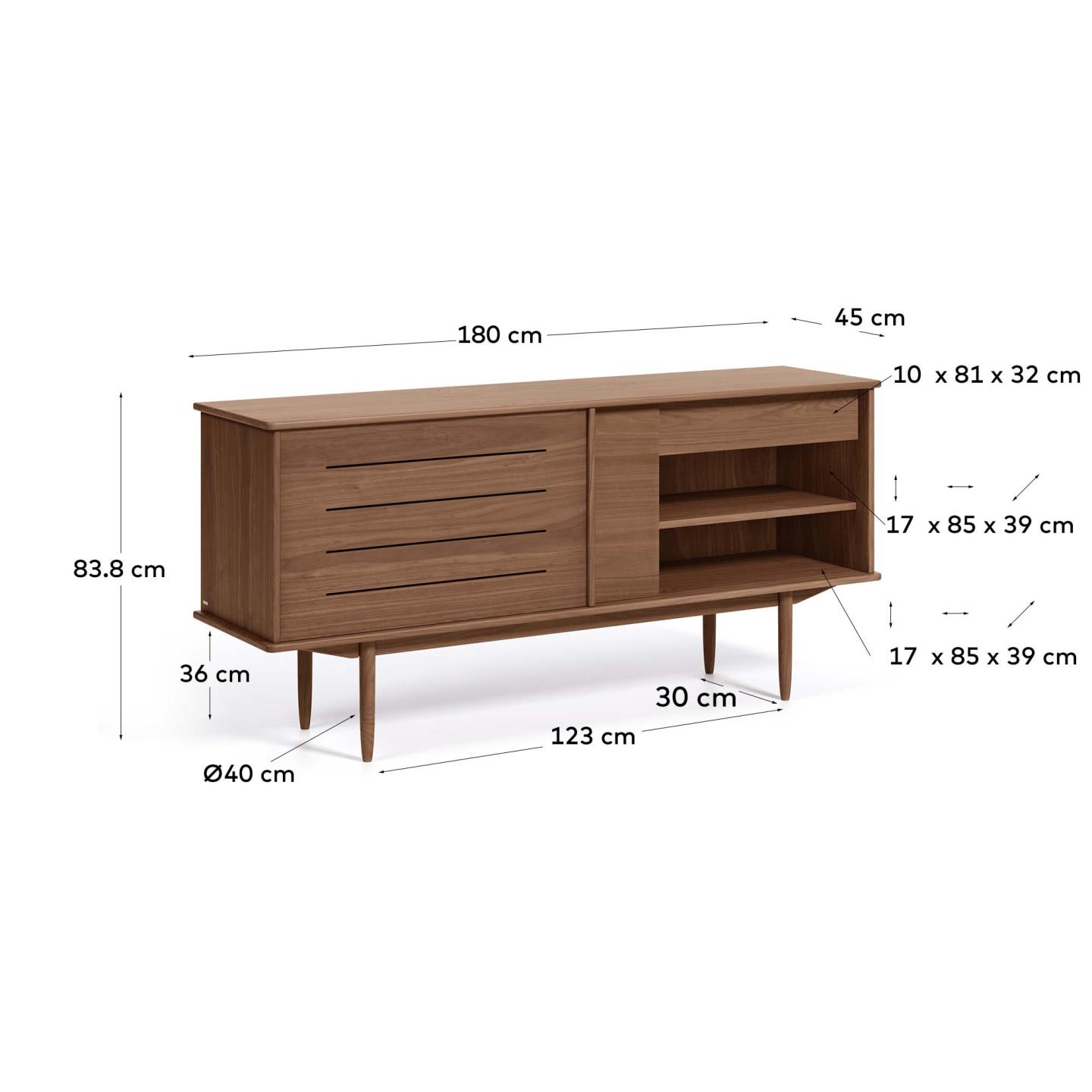 Carolin Sideboard 2 Türen 1 Schublade aus Nussholzfurnier 180 x 83,8 cm in Dunkelbraun präsentiert im Onlineshop von KAQTU Design AG. Sideboard ist von Kave Home