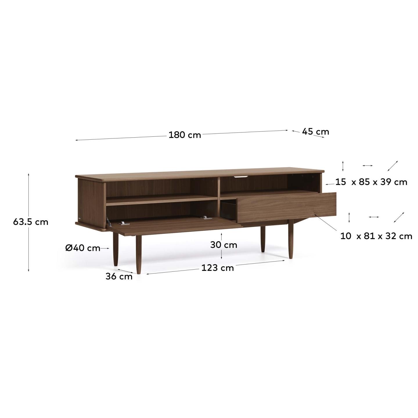 Carolin TV-Schrank 1 Türe und 1 Schublade aus Nussholzfurnier 180 x 63,5 cm in Dunkelbraun präsentiert im Onlineshop von KAQTU Design AG. Sideboard ist von Kave Home