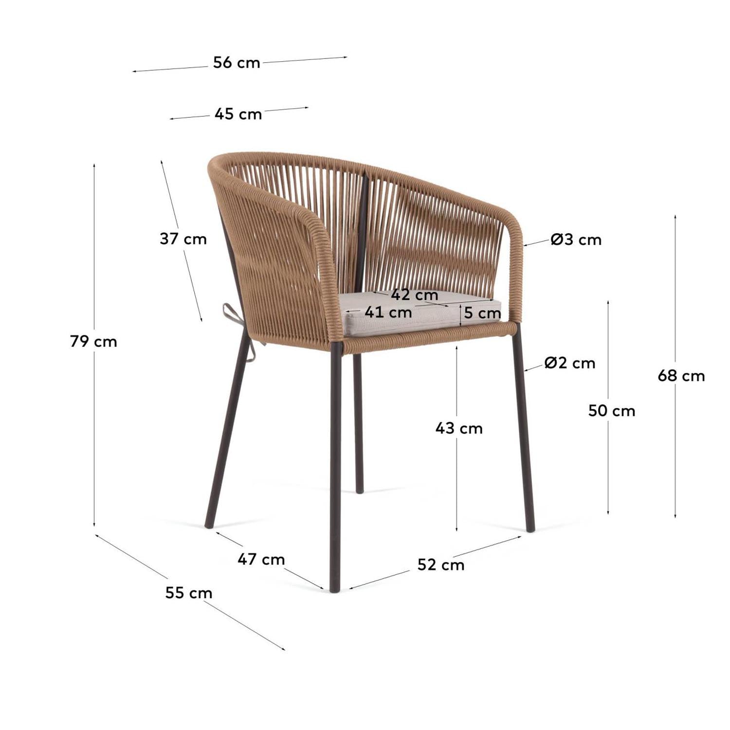 Yanet Stuhl aus Seil in Beige mit Beinen aus verzinktem Stahl in Beige präsentiert im Onlineshop von KAQTU Design AG. Gartenstuhl mit Armlehnen ist von Kave Home