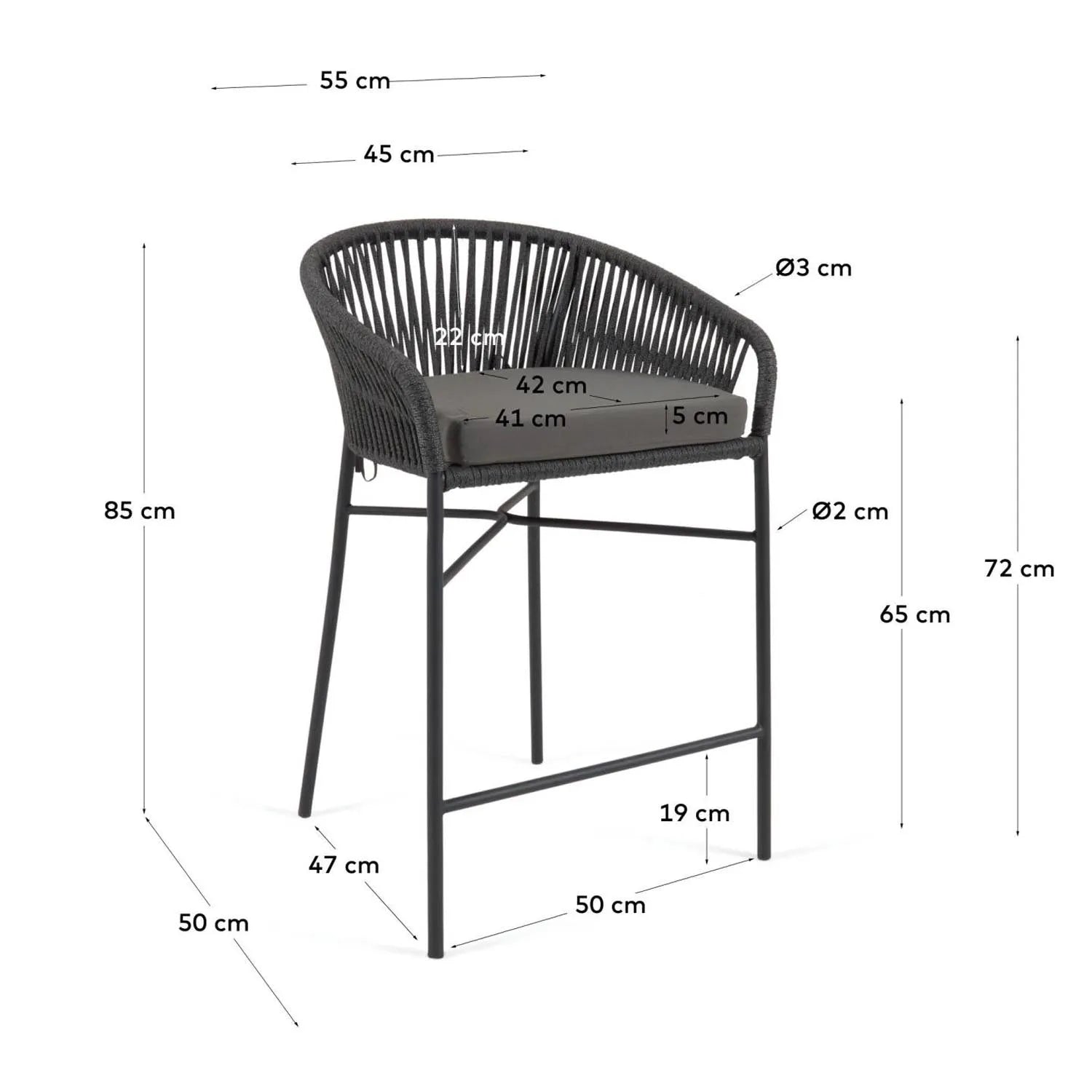 Yanet Hocker aus schwarzem Seil Höhe 65 cm in Schwarz präsentiert im Onlineshop von KAQTU Design AG. Hocker Outdoor ist von Kave Home