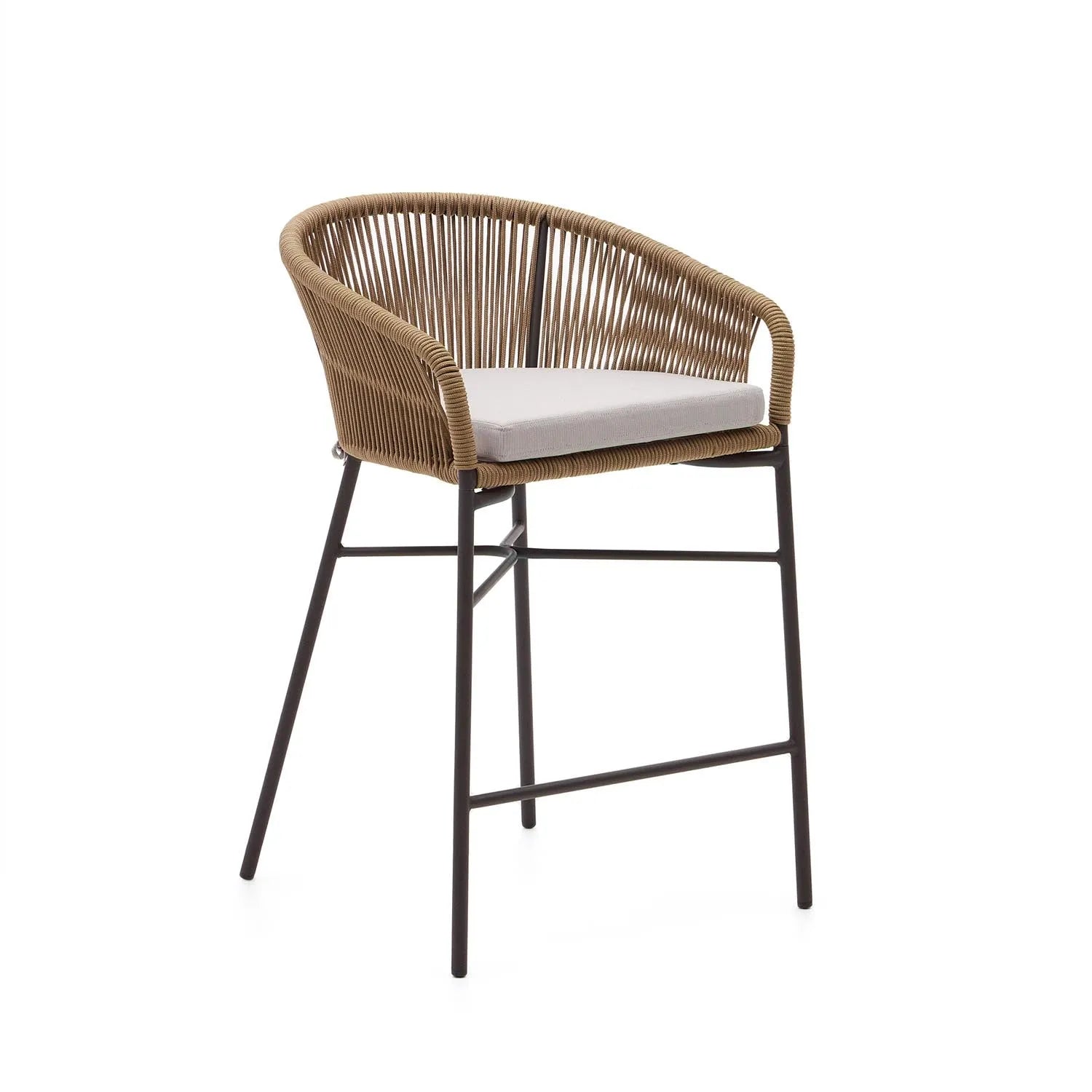 Eleganter Yanet Hocker aus beigem Seil, 65 cm hoch, ideal für Terrasse und Garten. Modern, stabil, wetterfest.