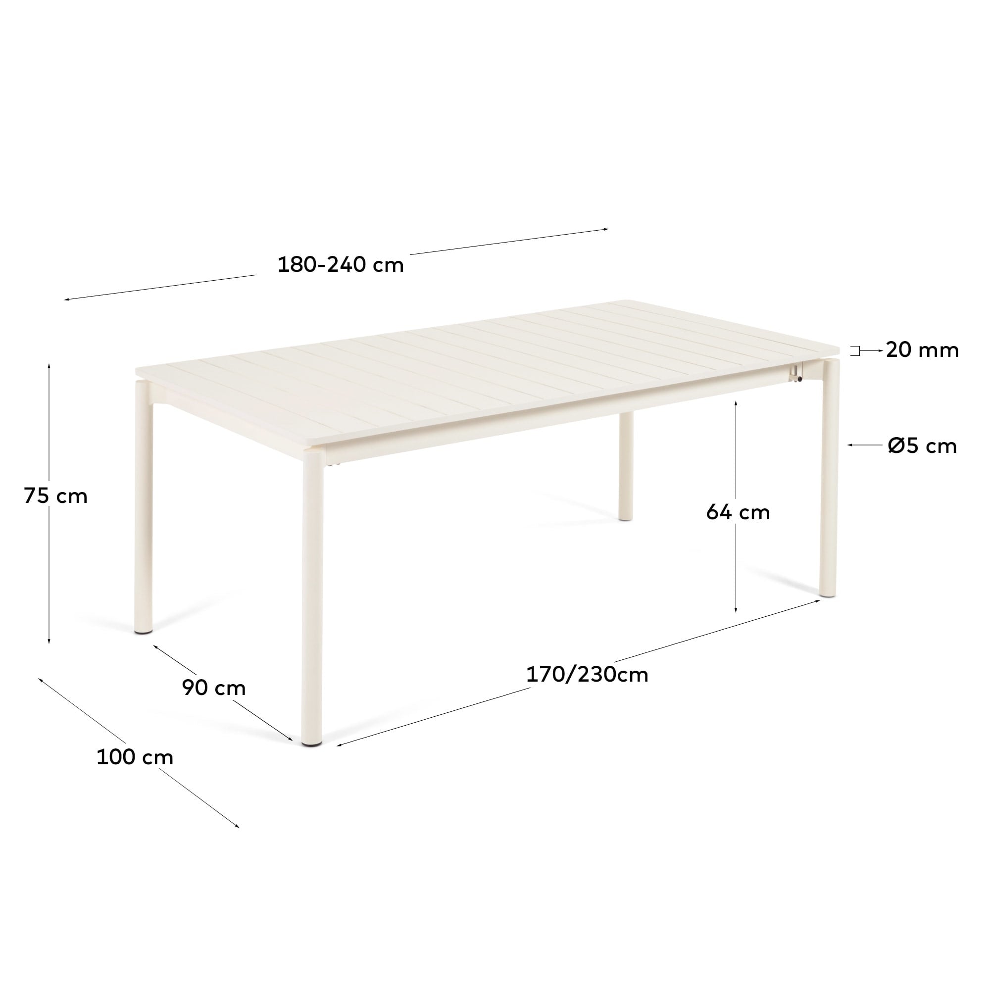 Zaltana Ausziehtisch für den Aussenbereich aus Aluminium in Hellgrau 180 (240) x 100 cm in Ecru präsentiert im Onlineshop von KAQTU Design AG. Gartentisch ist von Kave Home