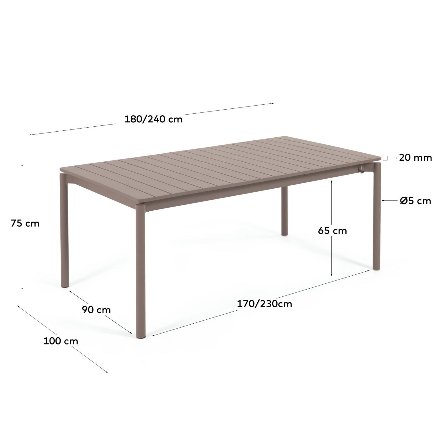 Zaltana ausziehbarer Outdoor-Tisch aus Aluminium mattbrauner 180 (240) x 100 cm in Braun präsentiert im Onlineshop von KAQTU Design AG. Gartentisch ist von Kave Home