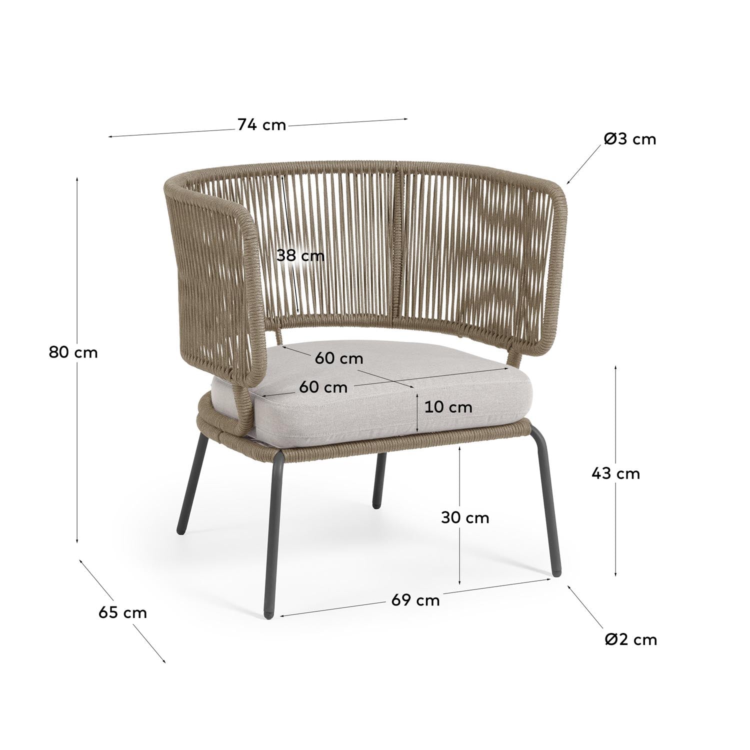 Nadin Sessel aus beigem Seil und Beinen aus verzinktem Stahl in Beige präsentiert im Onlineshop von KAQTU Design AG. Outdoor-Sessel ist von Kave Home