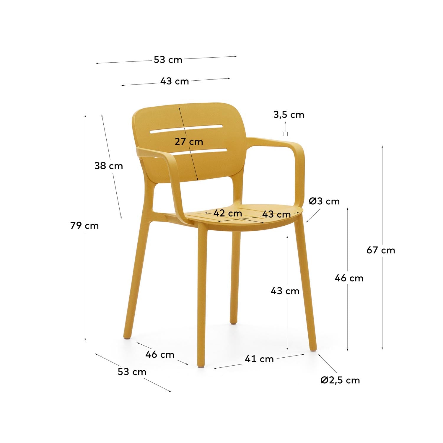 Morella stapelbarer Gartenstuhl aus Kunststoff in Senfgelb in Senfgelb präsentiert im Onlineshop von KAQTU Design AG. Gartenstuhl mit Armlehnen ist von Kave Home