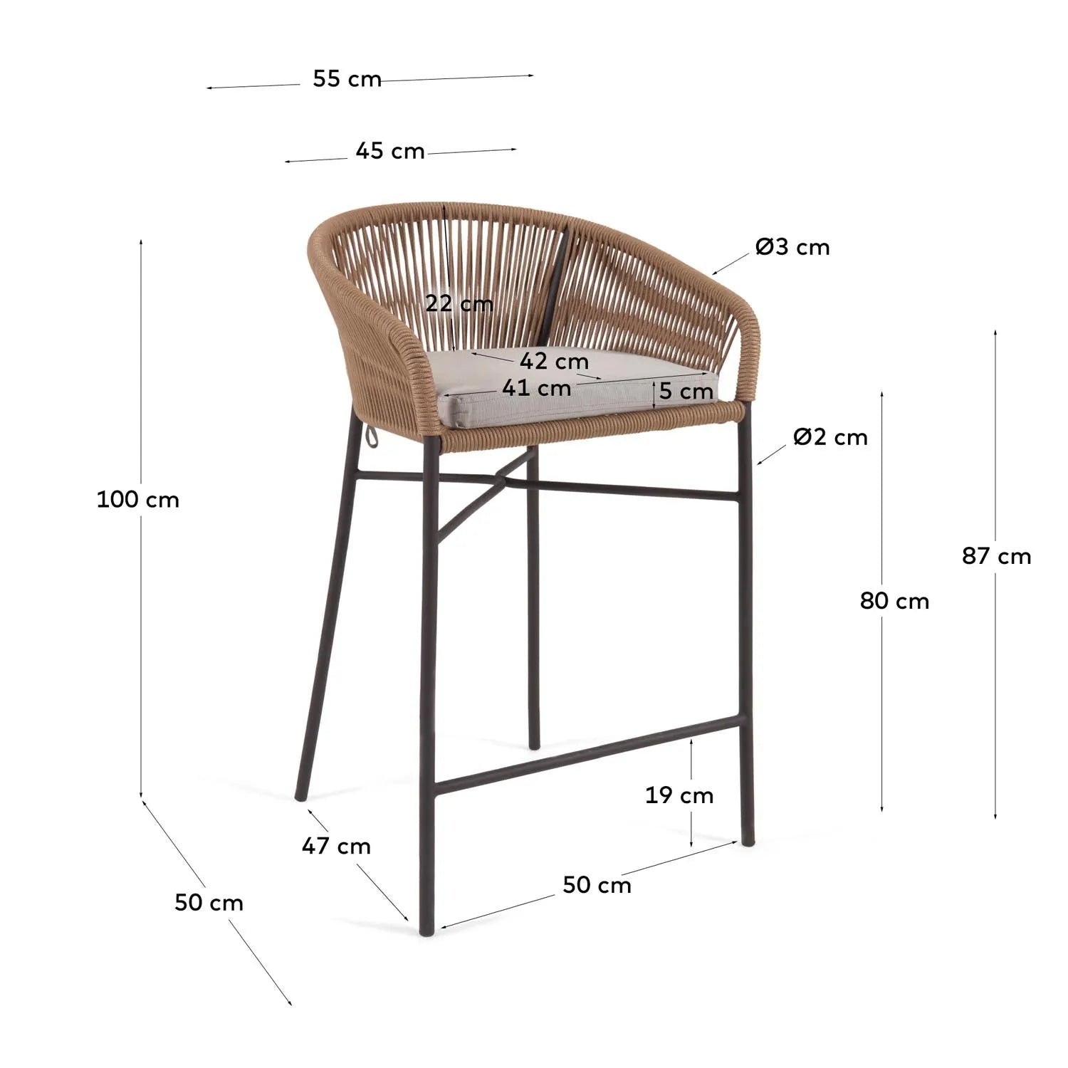 Yanet Hocker aus beigem Seil und verzinktem Stahl Höhe 80 cm in Beige präsentiert im Onlineshop von KAQTU Design AG. Hocker Outdoor ist von Kave Home