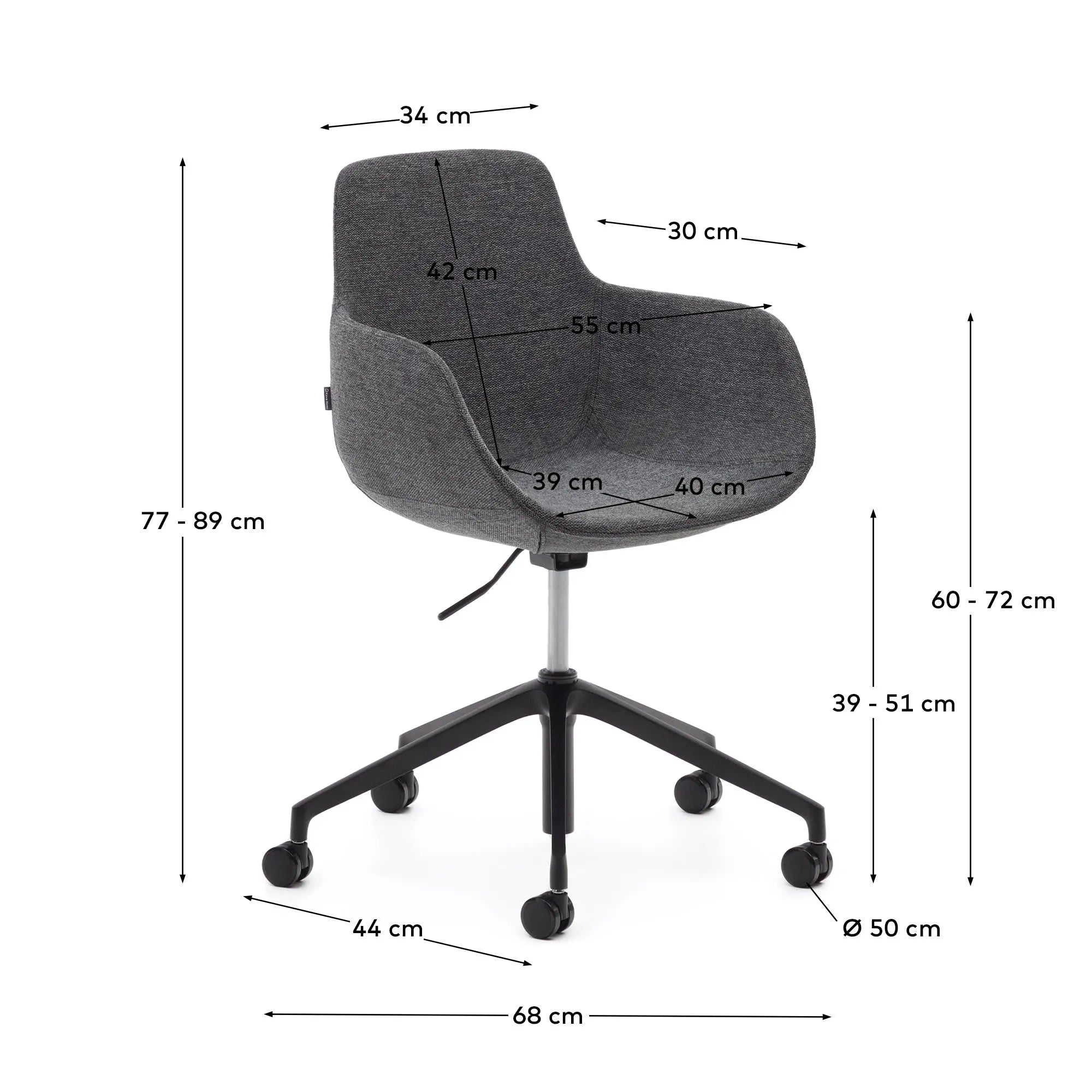 Eleganter Schreibtischstuhl in Dunkelgrau mit mattschwarzer Aluminium-Basis, ergonomisch und höhenverstellbar für optimalen Komfort.