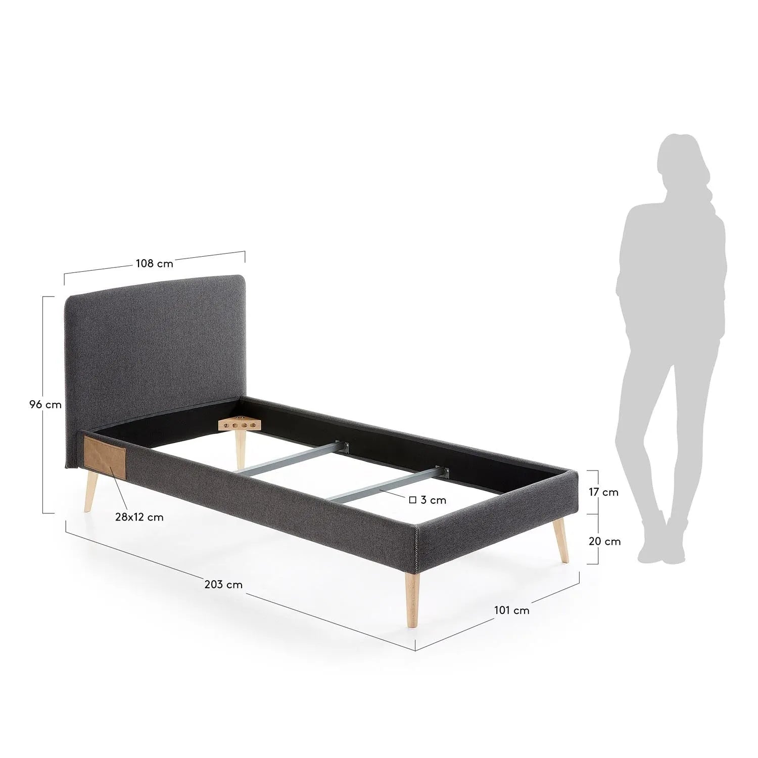 Elegantes Dyla Bett: Schwarzer Bezug, massive Buchenbeine, 90x190 cm, abnehmbar, pflegeleicht, ideal für stilvolle Räume.