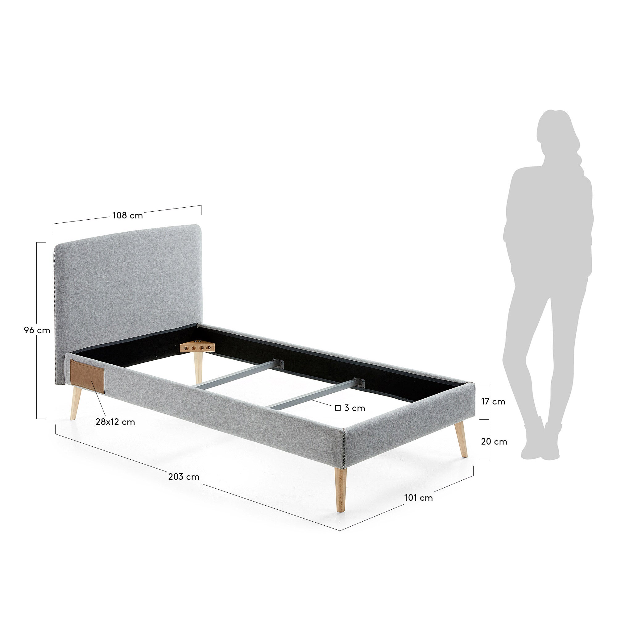 Dyla Bett mit abnehmbarem Bezug hellgrau Beine massive Buche für Matratze von 90 x 190 cm in Grau präsentiert im Onlineshop von KAQTU Design AG. Bett ist von Kave Home