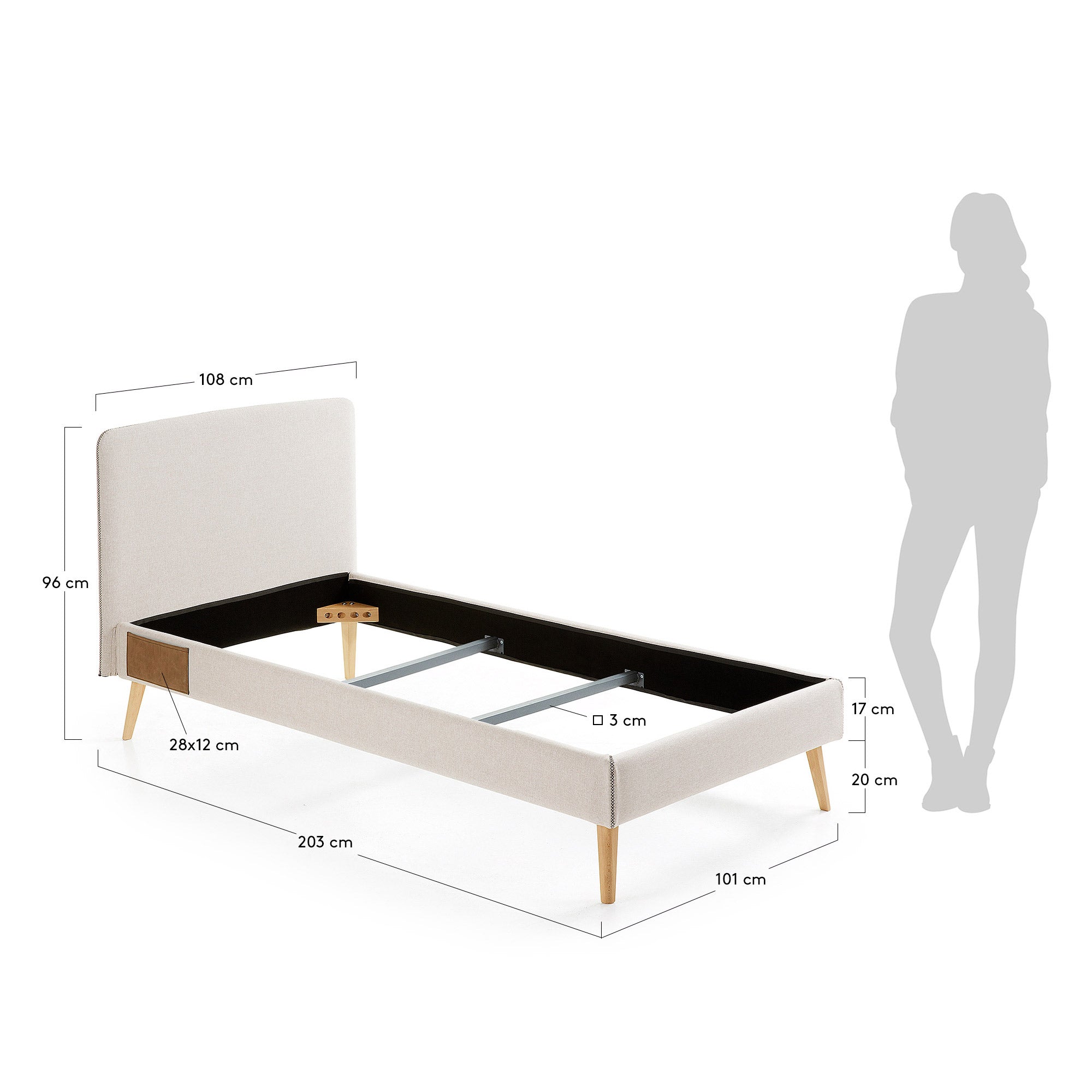 Dyla Bett mit abnehmbarem Bezug beige Beine massive Buche für Matratze von 90 x 190 cm in Beige präsentiert im Onlineshop von KAQTU Design AG. Bett ist von Kave Home