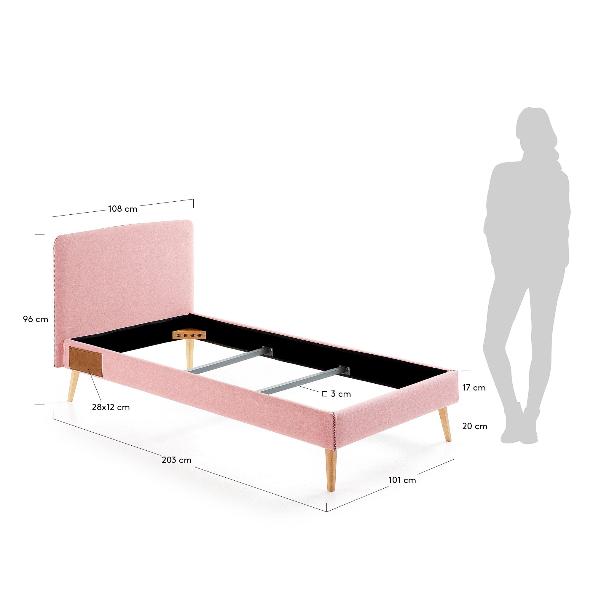 Dyla Bett mit abnehmbarem Bezug rosa Beine massive Buche für Matratze von 90 x 190 cm in Rosa präsentiert im Onlineshop von KAQTU Design AG. Bett ist von Kave Home