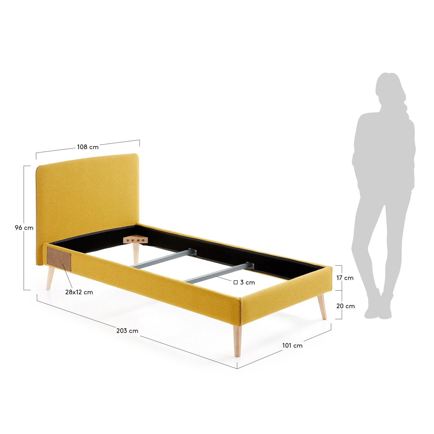 Dyla Bett mit abnehmbarem Bezug senfgelb Beine massive Buche für Matratze von 90 x 190 cm in Senfgelb präsentiert im Onlineshop von KAQTU Design AG. Bett ist von Kave Home