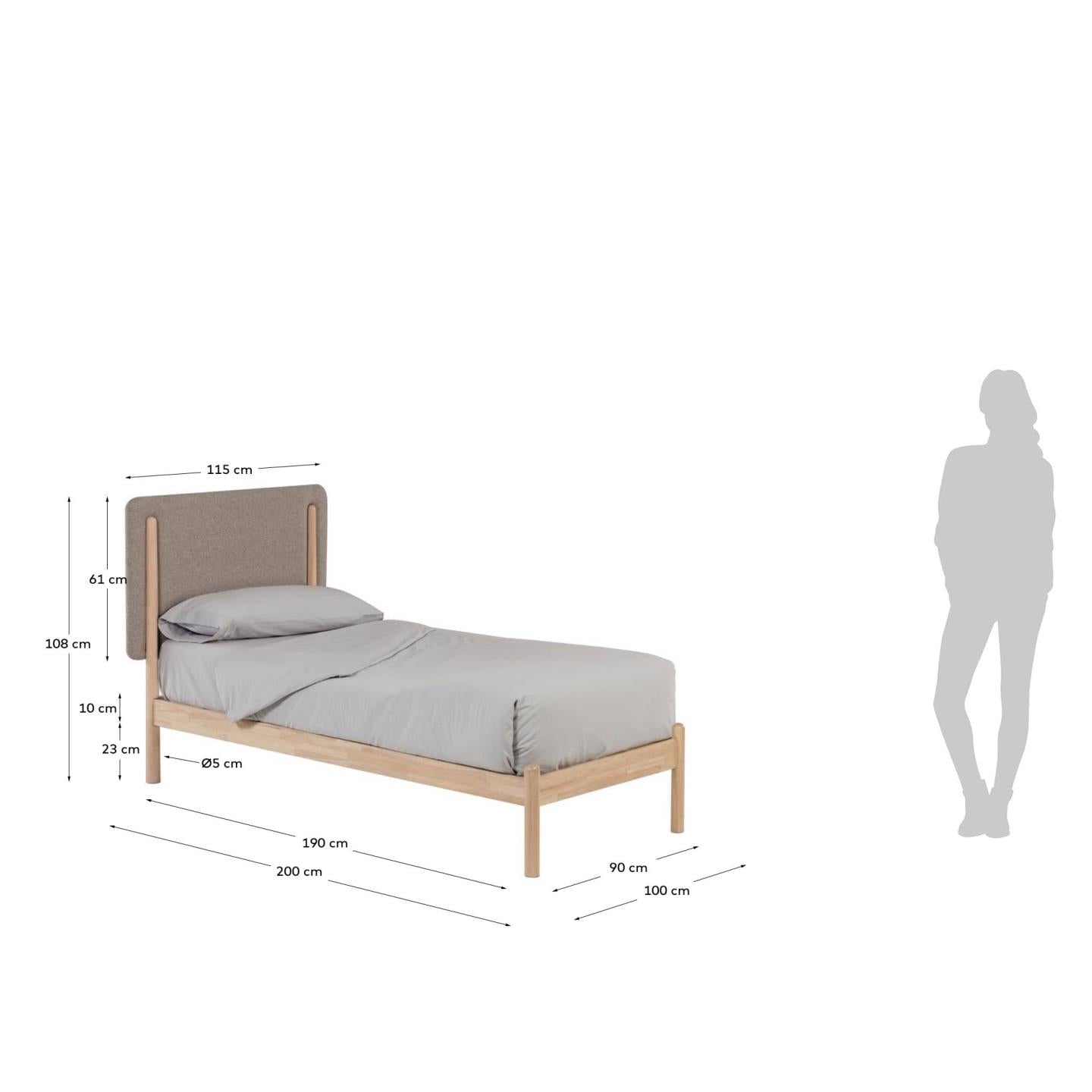 Shayndel Bett aus massivem Kautschukholz für Matratze von 90 x 190 cm in Grau präsentiert im Onlineshop von KAQTU Design AG. Bett ist von Kave Home