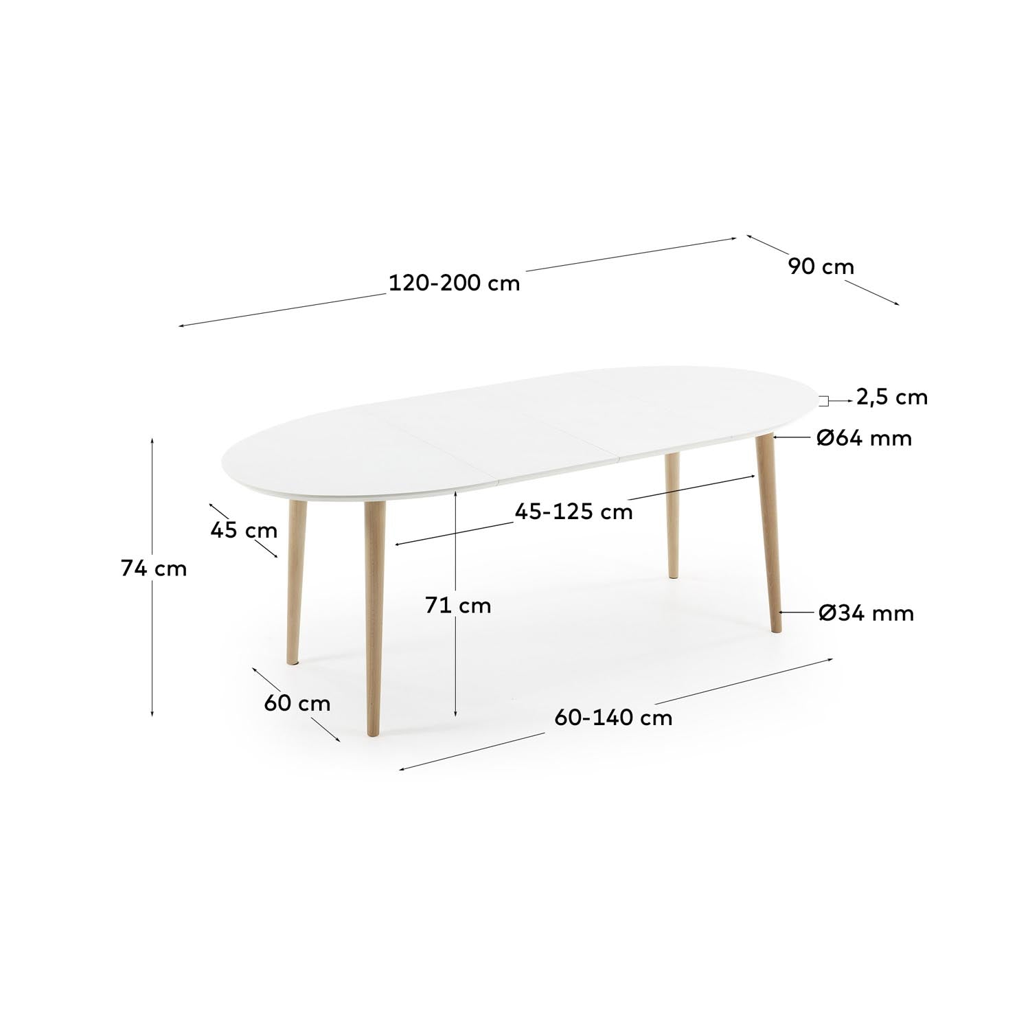 Oqui Ovaler Ausziehtisch MDF weiß lackiert und Beine aus massiver Buche 120 (200) x 90 cm in Weiß, Natur präsentiert im Onlineshop von KAQTU Design AG. Esstisch ist von Kave Home