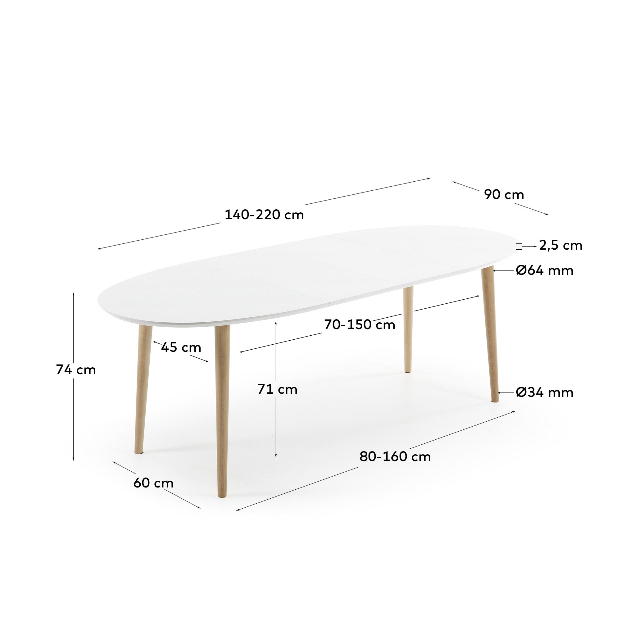 Oqui ovaler Ausziehtisch MDF weiss lackiert und Beine aus massiver Buche 140 (220) x 90 cm in Weiß präsentiert im Onlineshop von KAQTU Design AG. Esstisch ist von Kave Home