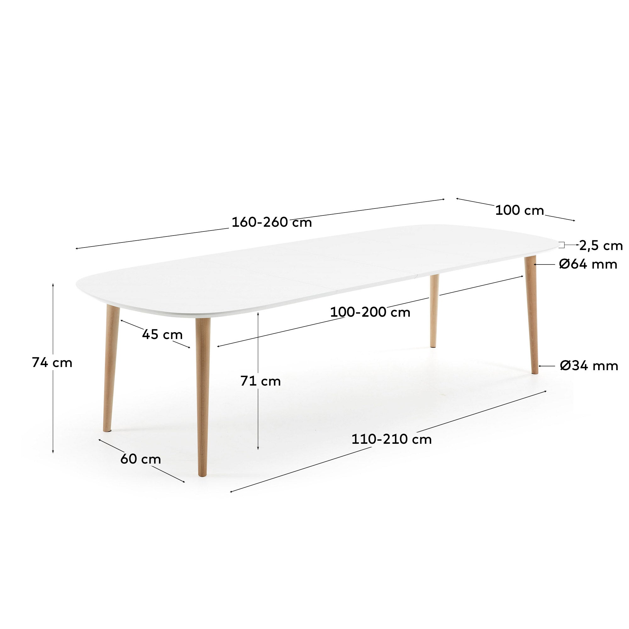 Oqui Ausziehtisch aus weiss lackiertem MDF und Beine aus massiver Buche 160 (260) x 100 cm in Weiß präsentiert im Onlineshop von KAQTU Design AG. Esstisch ist von Kave Home