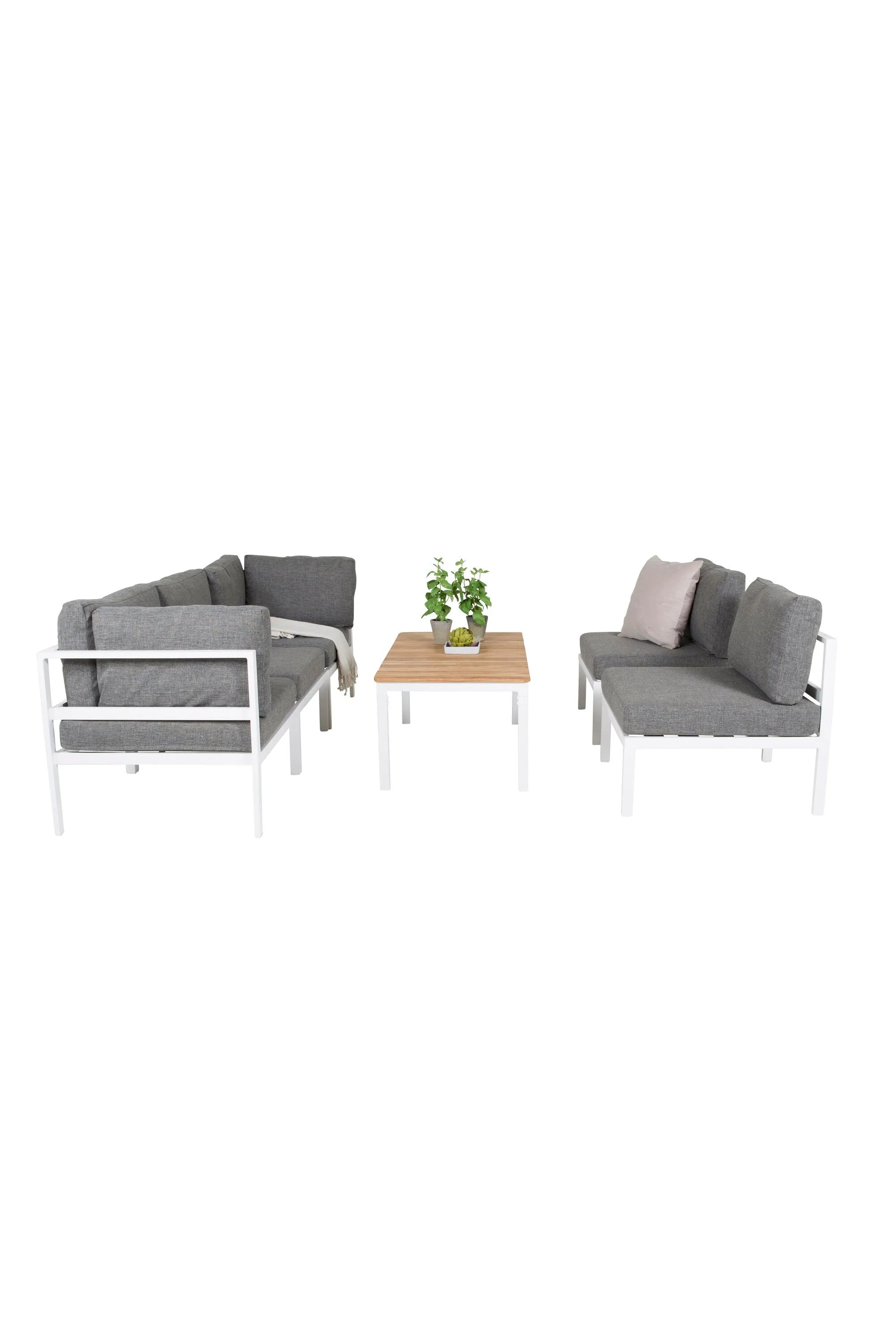 Modernes Sofa-Set Copacabana: Vielseitig als Ecksofa oder mit Sesseln, inkl. Brazil Sofabord und bequemen grauen Kissen.