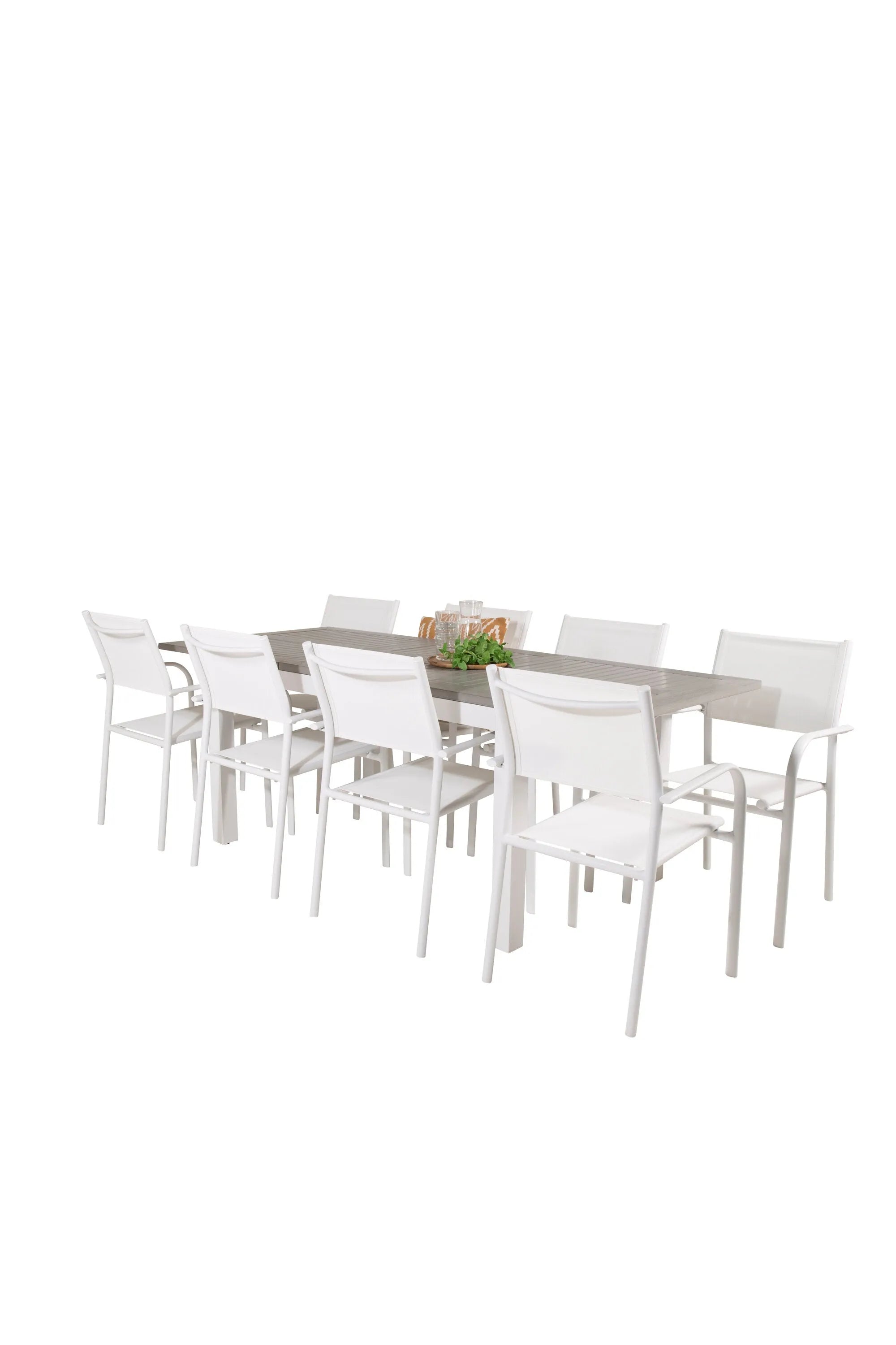 Albany Esstisch 160/240+ Santorini Armlehnstuhl in Weiß Alu / Grau Aintwood präsentiert im Onlineshop von KAQTU Design AG. Gartentischset ist von Venture Home