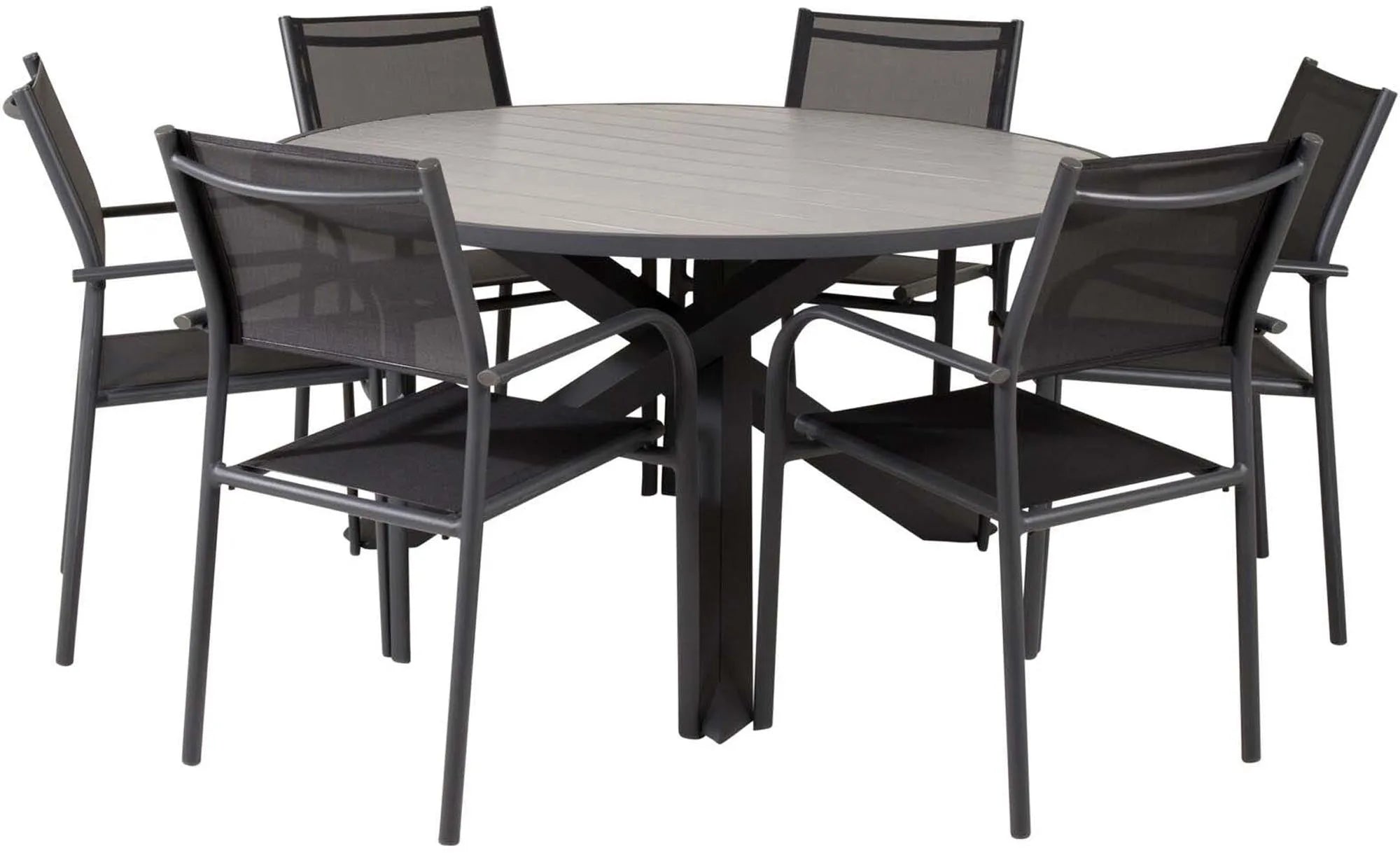 Stilvolles Parma Outdoor-Tischset + Santorini, ⌀140cm, 6 Stühle, wetterfest, komfortabel, ideal für gesellige Abende.