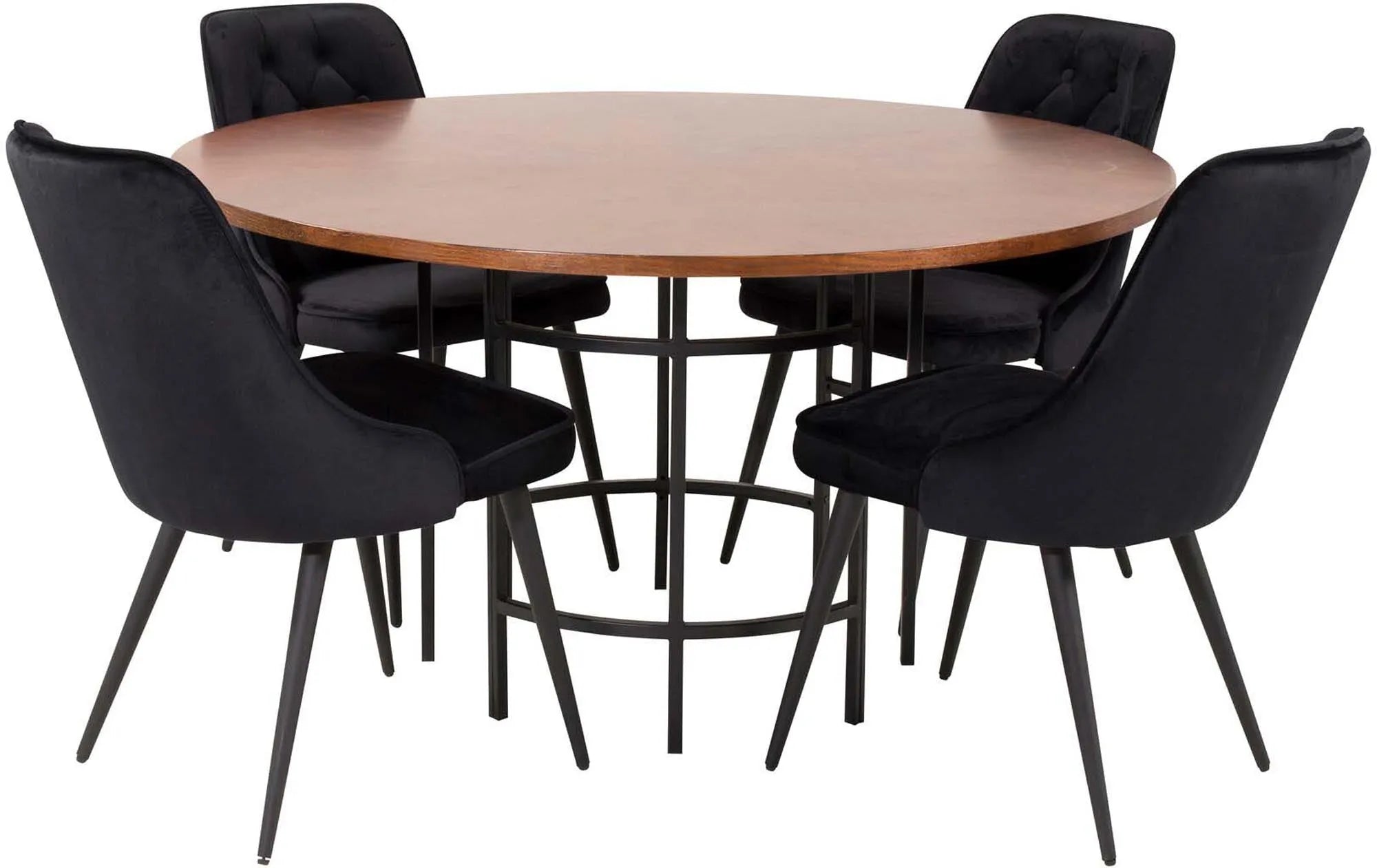 Stilvolles Esszimmerset: Runder Tisch (⌀140cm) & 4 Samtstühle. Modern, elegant, komfortabel – ideal für gesellige Abende.