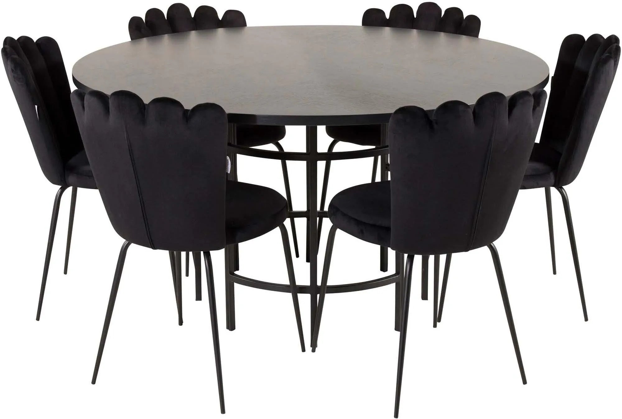 Stilvolles Esszimmerset: Tisch Ø140cm, 6 Samtstühle. Eleganz, Komfort, ideal für Dinnerpartys. Perfekt für moderne Esszimmer.