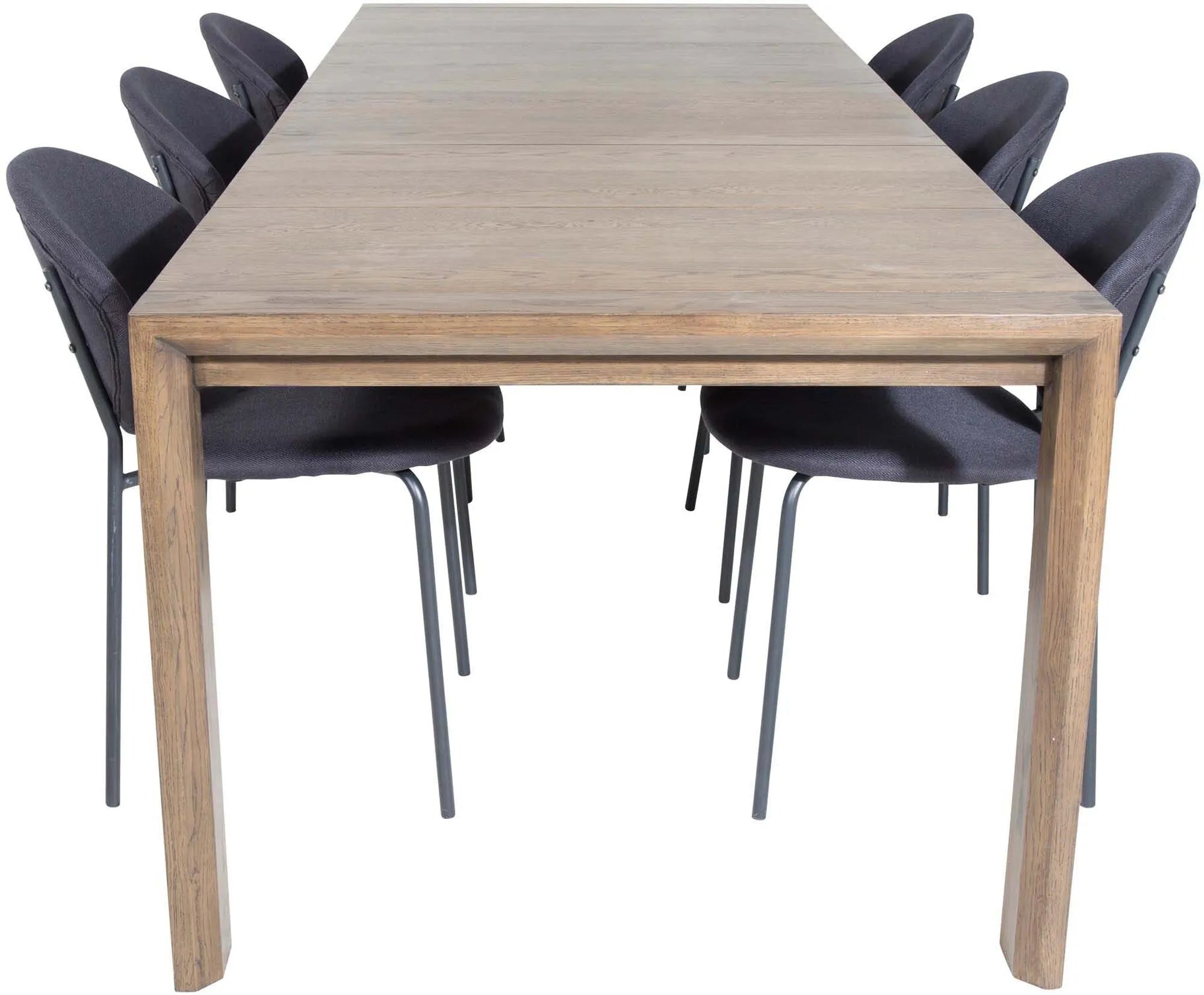 Elegantes Esszimmerset: Ausziehbarer Eichen-Look Tisch (170cm) + 6 komfortable Vault Stühle, ideal für stilvolle Wohnkonzepte.