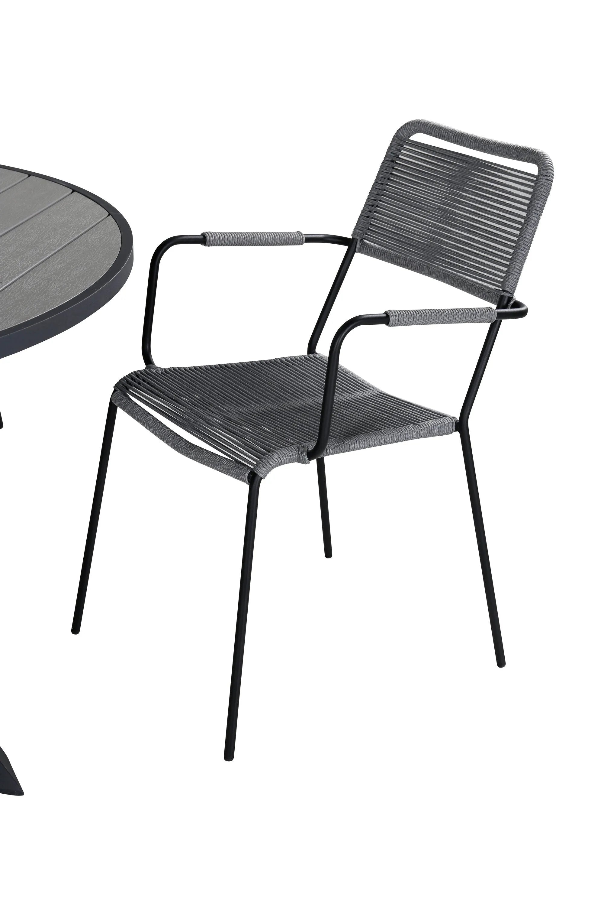 Stilvolles Parma Set: Runder Tisch aus Aintwood, elegante Lindos Stühle, ideal für gesellige Outdoor-Momente.