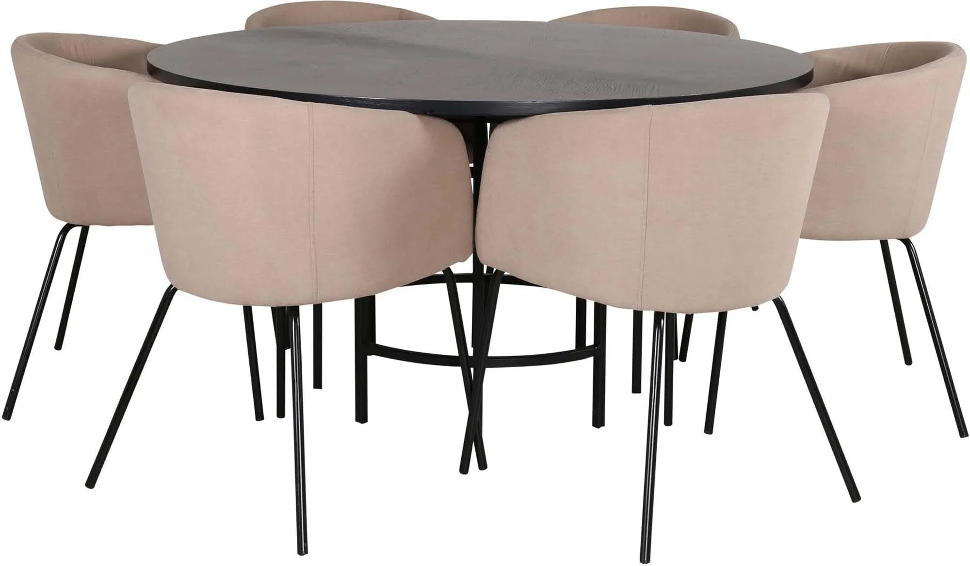 Modernes Esszimmerset: runder Tisch (⌀140cm) mit MDF-Furnier, 6 bequeme Stühle in Beige, ideal für stilvolles Wohnen.