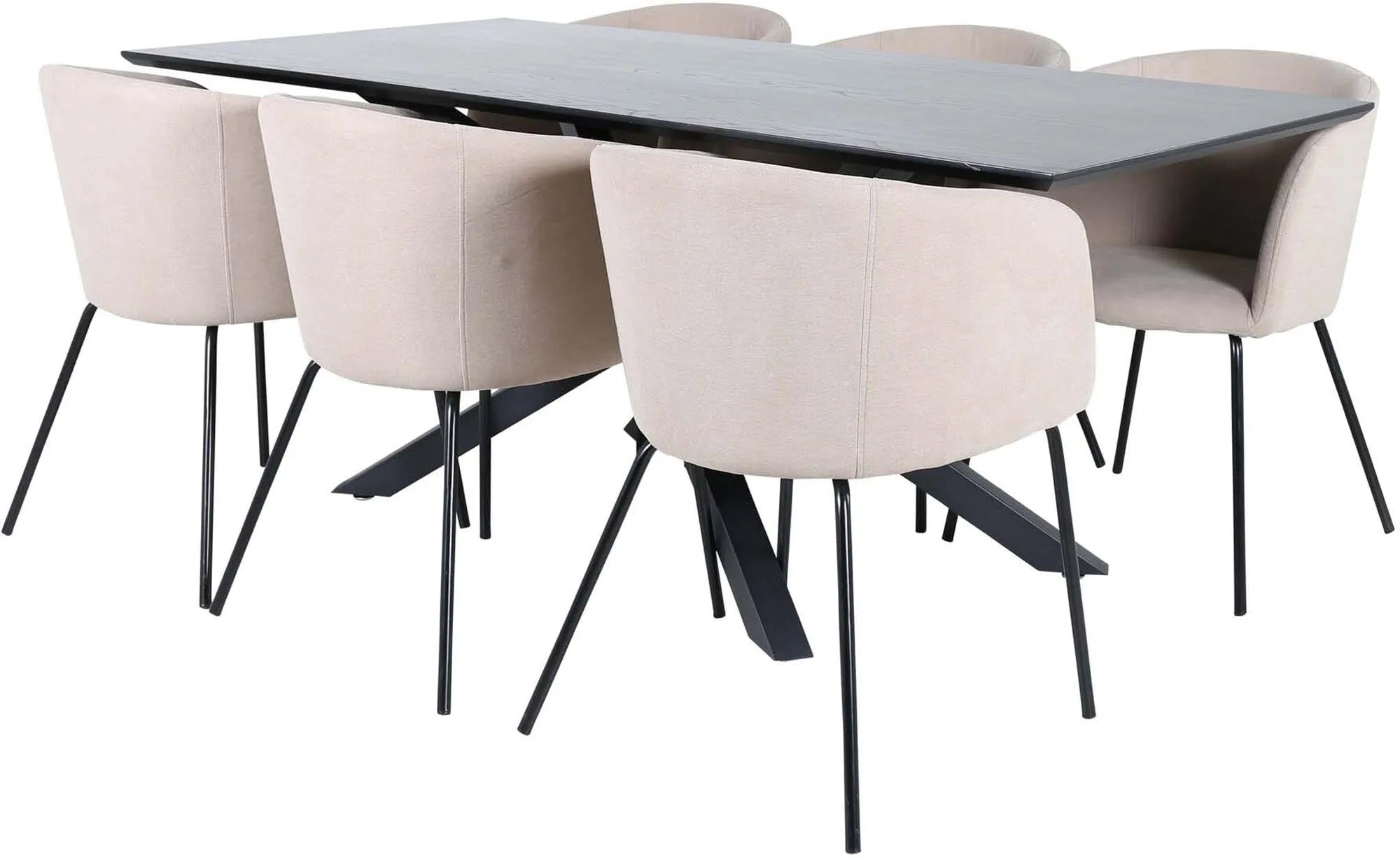 Elegantes Esszimmerset mit schwarzem Tisch und beigen Stühlen. Modernes Design, hochwertige Materialien, einladende Atmosphäre.