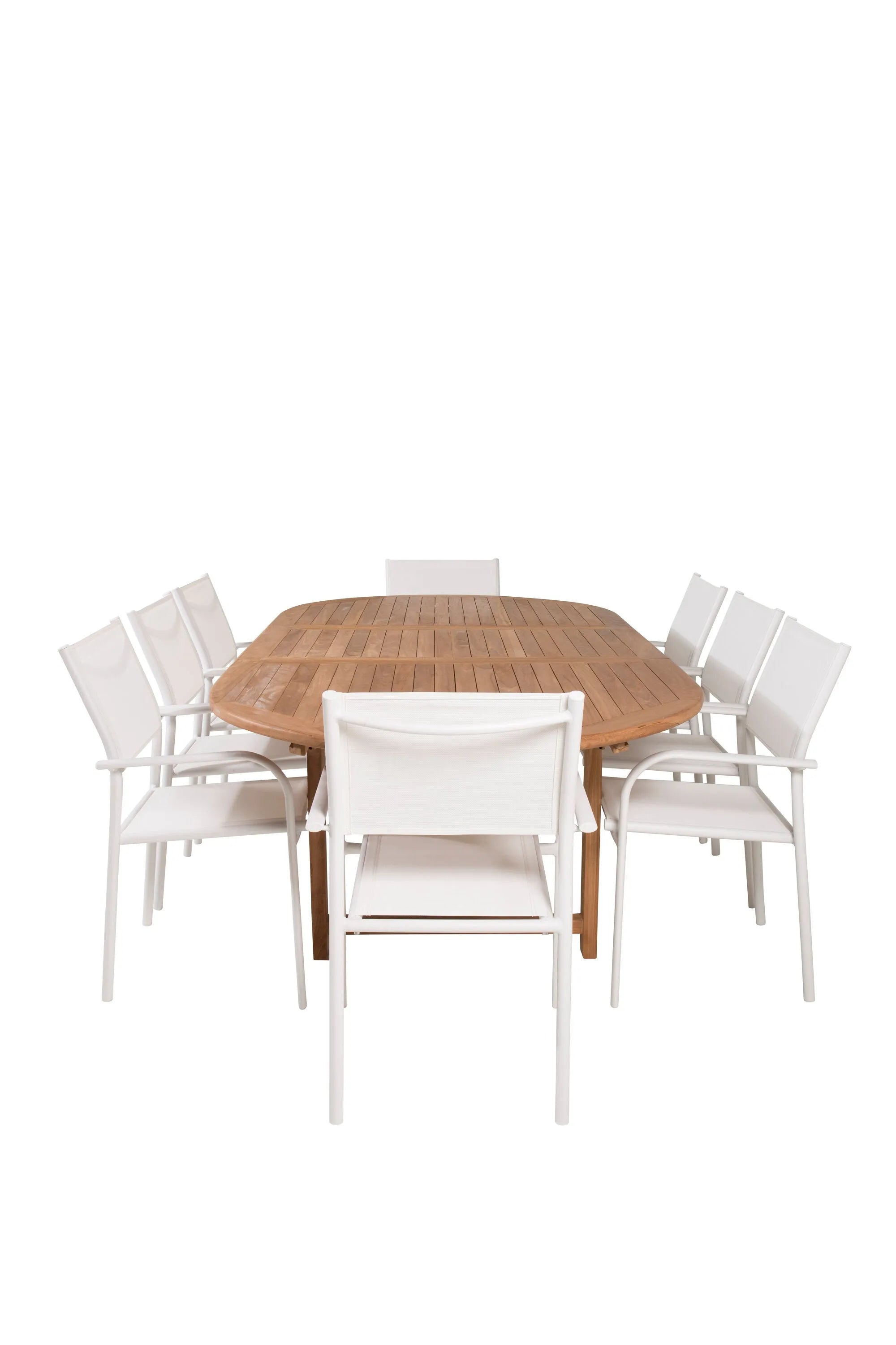 Kenya Oval Dining Table 180/240 +Santorini Armlehnstuhl (Stapelbar) in  Weiß Alu / Weiß präsentiert im Onlineshop von KAQTU Design AG. Gartentischset ist von Venture Home