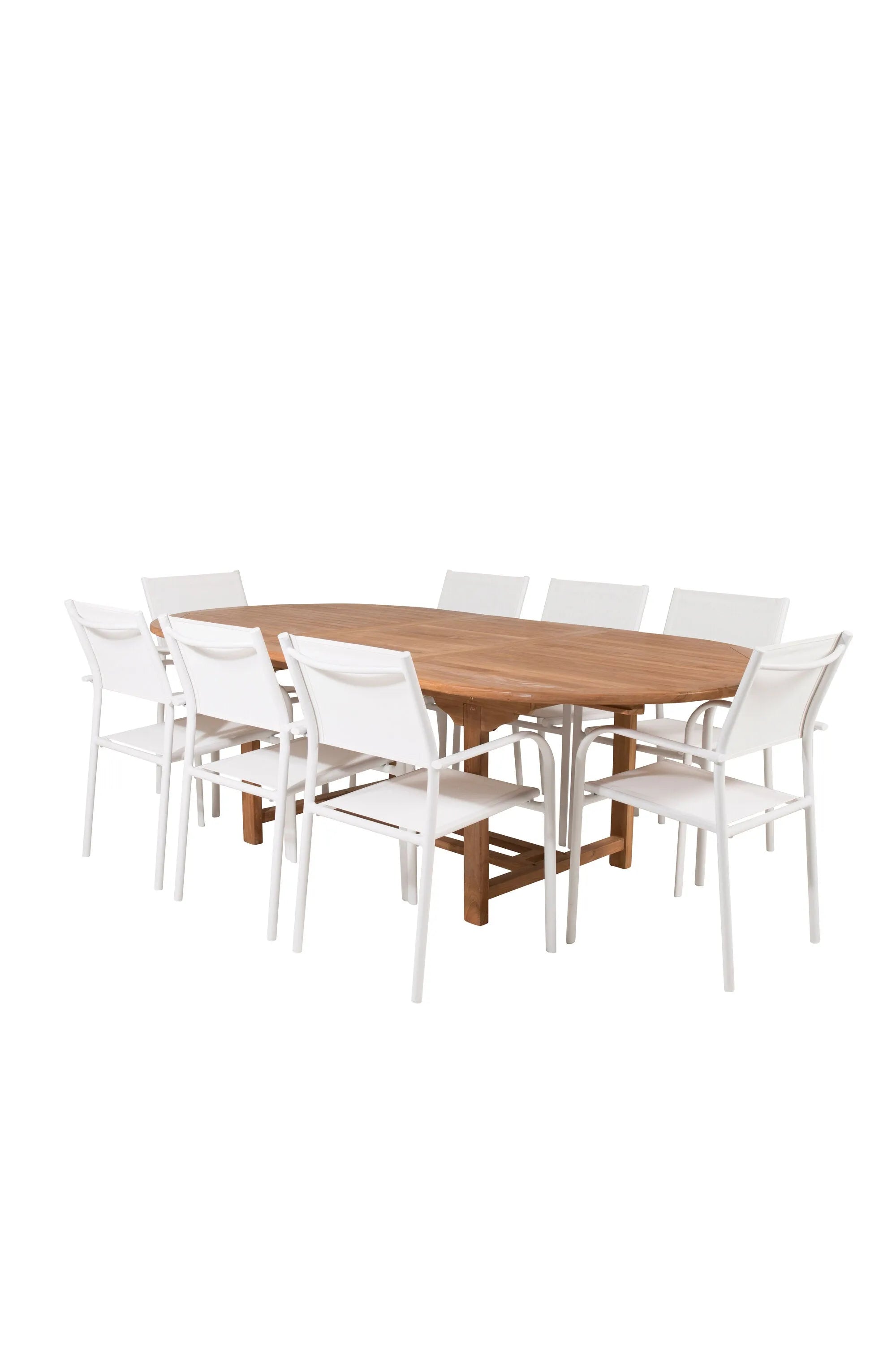 Kenya Oval Dining Table 180/240 +Santorini Armlehnstuhl (Stapelbar) in  Weiß Alu / Weiß präsentiert im Onlineshop von KAQTU Design AG. Gartentischset ist von Venture Home