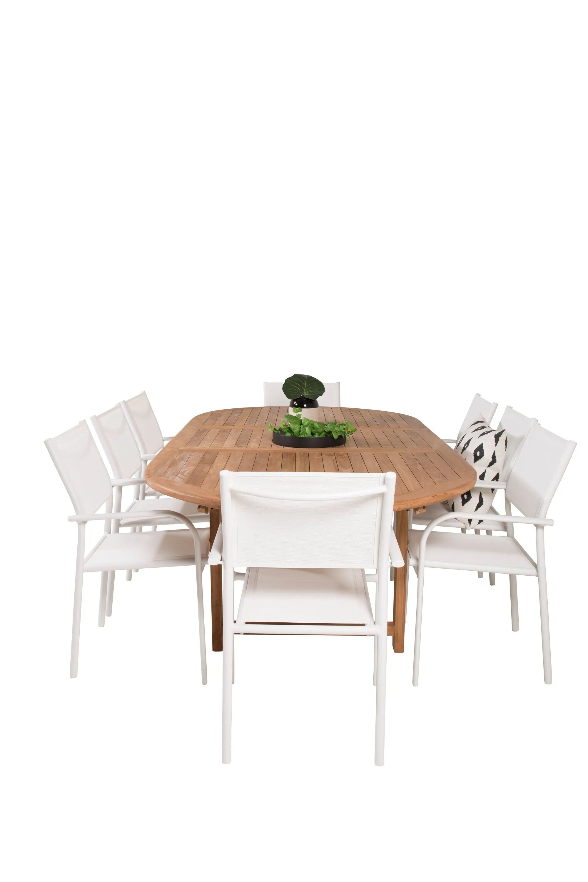 Kenya Oval Dining Table 180/240 +Santorini Armlehnstuhl (Stapelbar) in  Weiß Alu / Weiß präsentiert im Onlineshop von KAQTU Design AG. Gartentischset ist von Venture Home