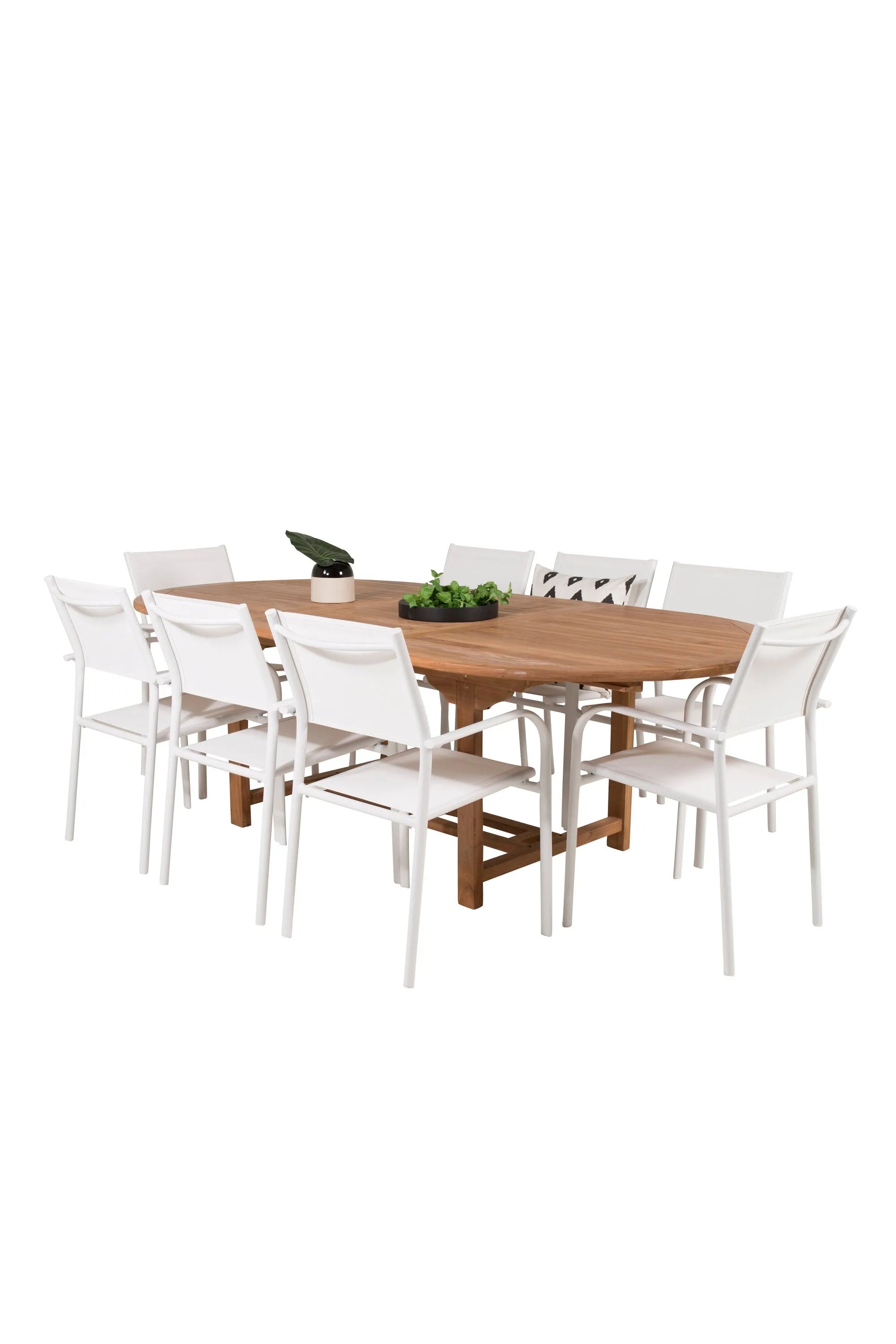 Kenya Oval Dining Table 180/240 +Santorini Armlehnstuhl (Stapelbar) in  Weiß Alu / Weiß präsentiert im Onlineshop von KAQTU Design AG. Gartentischset ist von Venture Home