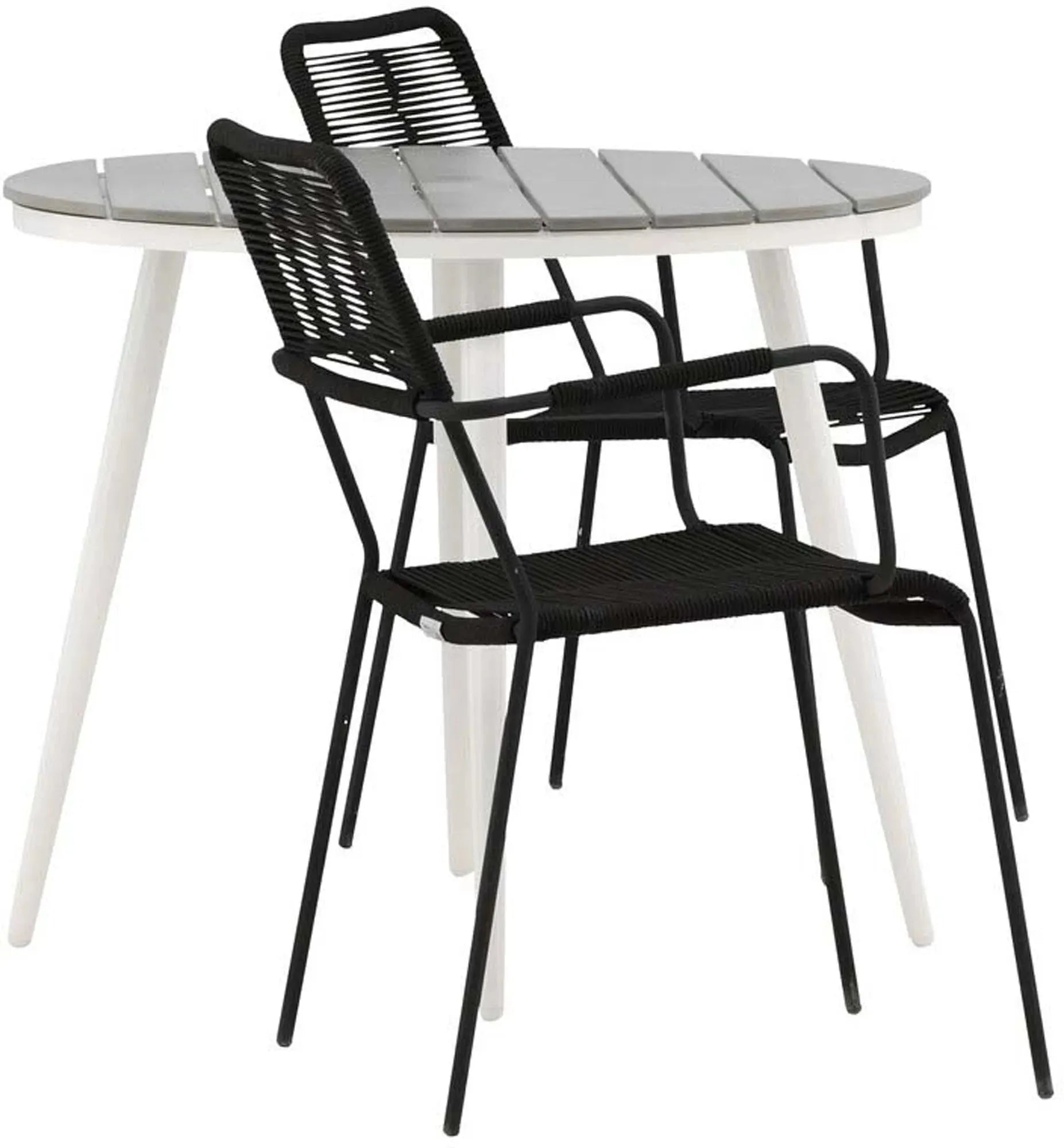 Elegantes, wetterfestes Outdoor-Tischset für zwei mit Aintwood-Tisch und Lindos-Stühlen aus Aluminium und Seil.