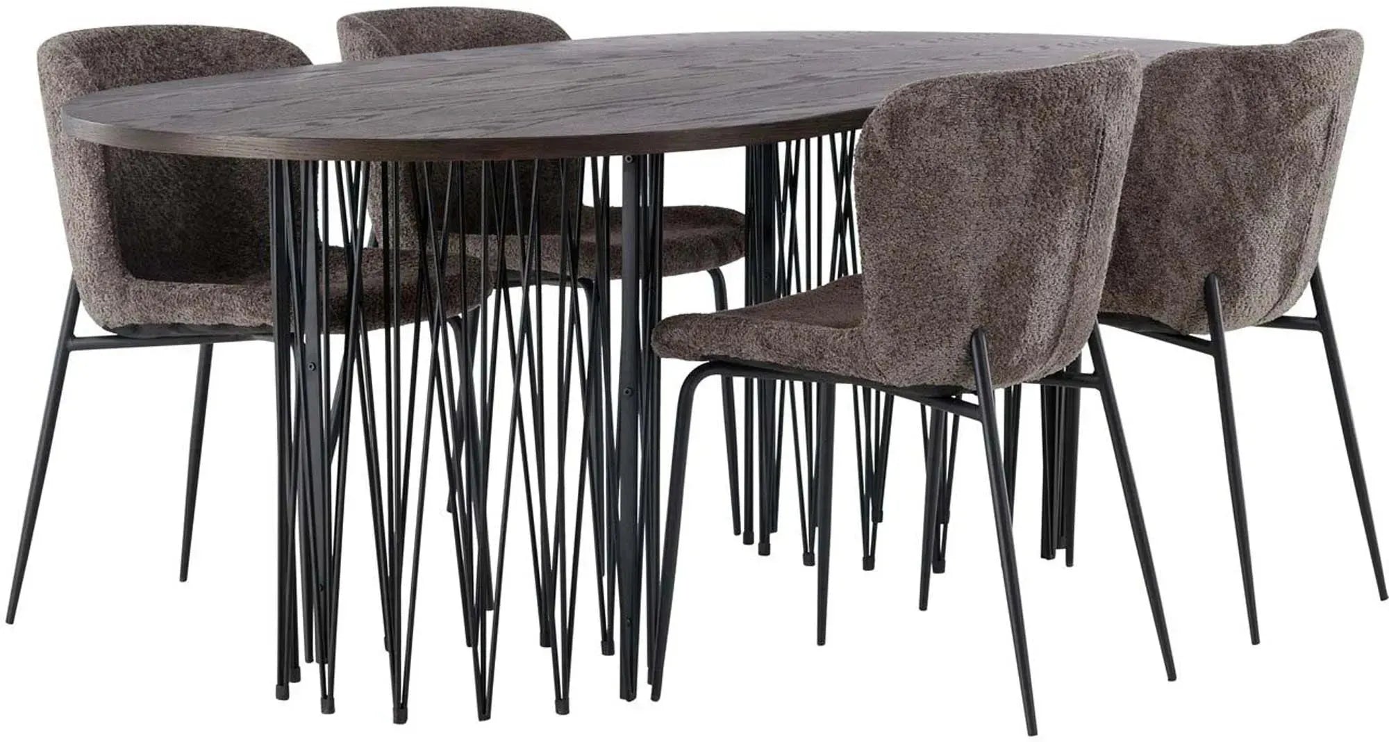 Elegantes Esszimmerset: Stone Tisch 220cm, MDF-Furnier, schwarze Stahlbeine, Modesto Stühle, grauer Stoff, hoher Komfort.