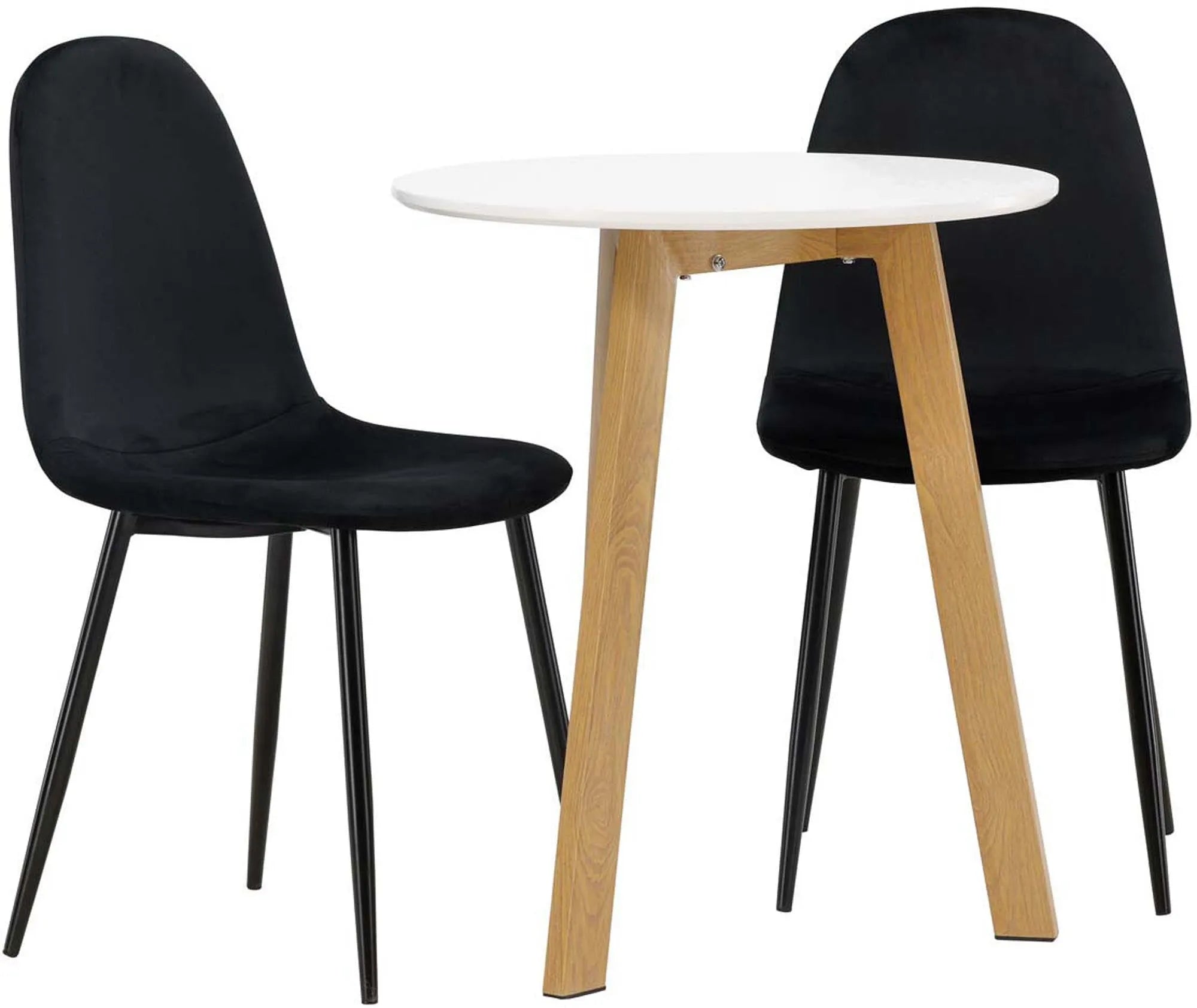 Elegantes Esszimmerset: Weißer Tisch mit Eichenoptik, komfortable Samtstühle, ideal für kleine Räume. Stilvoll und funktional.